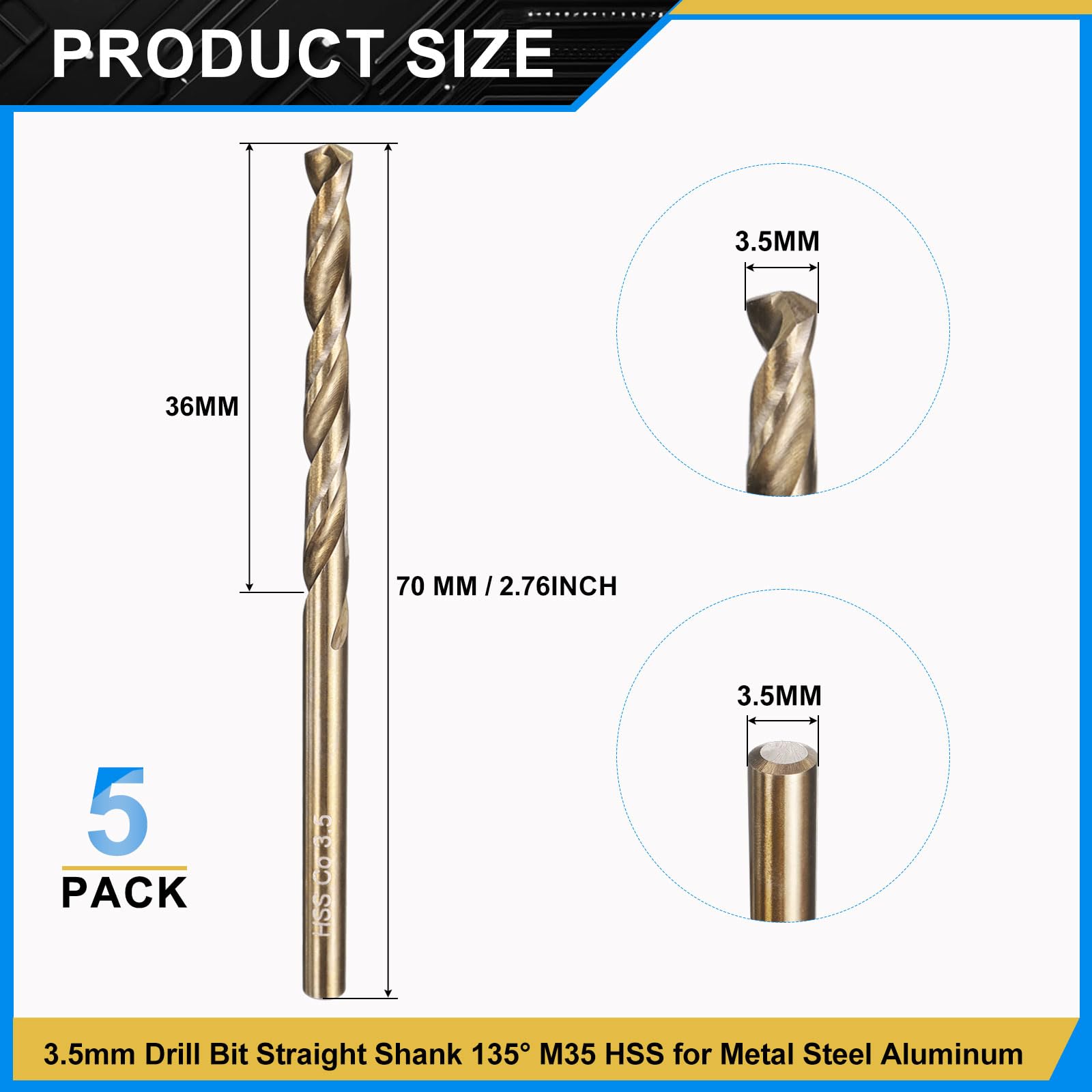 PATIKIL 3.5mm Drill Bit, M35 Cobalt 5% High-Speed Steel Jobber Straight Shank 135° Gold Finish for Stainless Steel Hard Metal - 5 Pack - Image 2