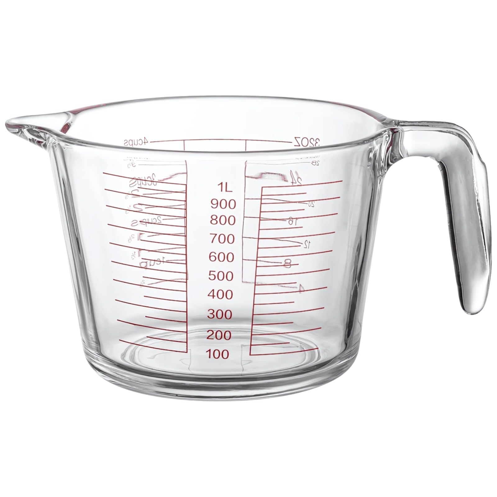 Messbecher aus Glas, 1000 ml, hitzebeständiges Borosilikatglas, rote gut lesbare Skala, Ausguss, integrierter Griff, Siebeinsatz, Maße in ml, oz und Cup, für Kochen und Backen