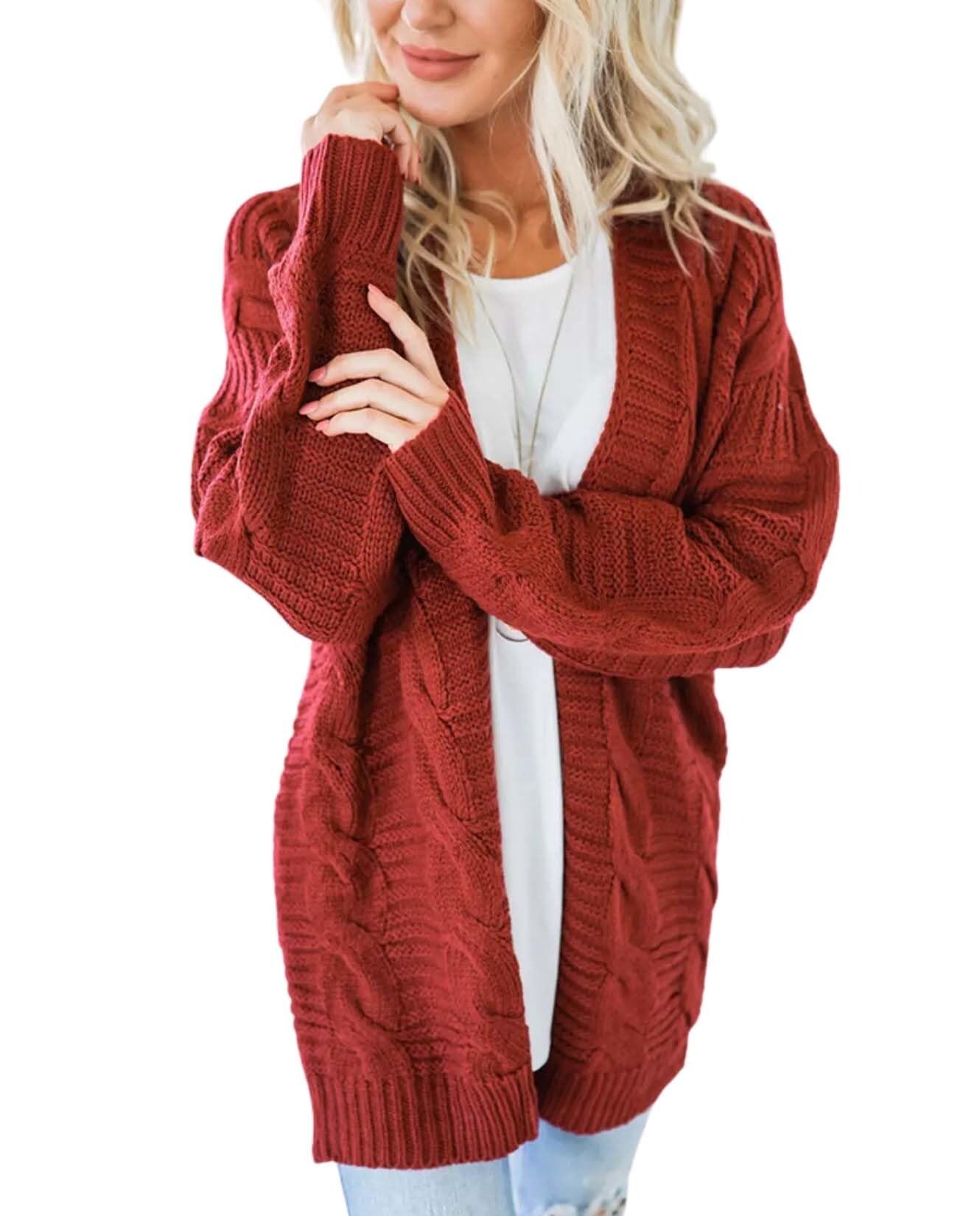 Long Sleeve Cable Knit Womens Cardigan Oversized Long Sweater Loose Casual Solid Color Mid Length Chunky Style