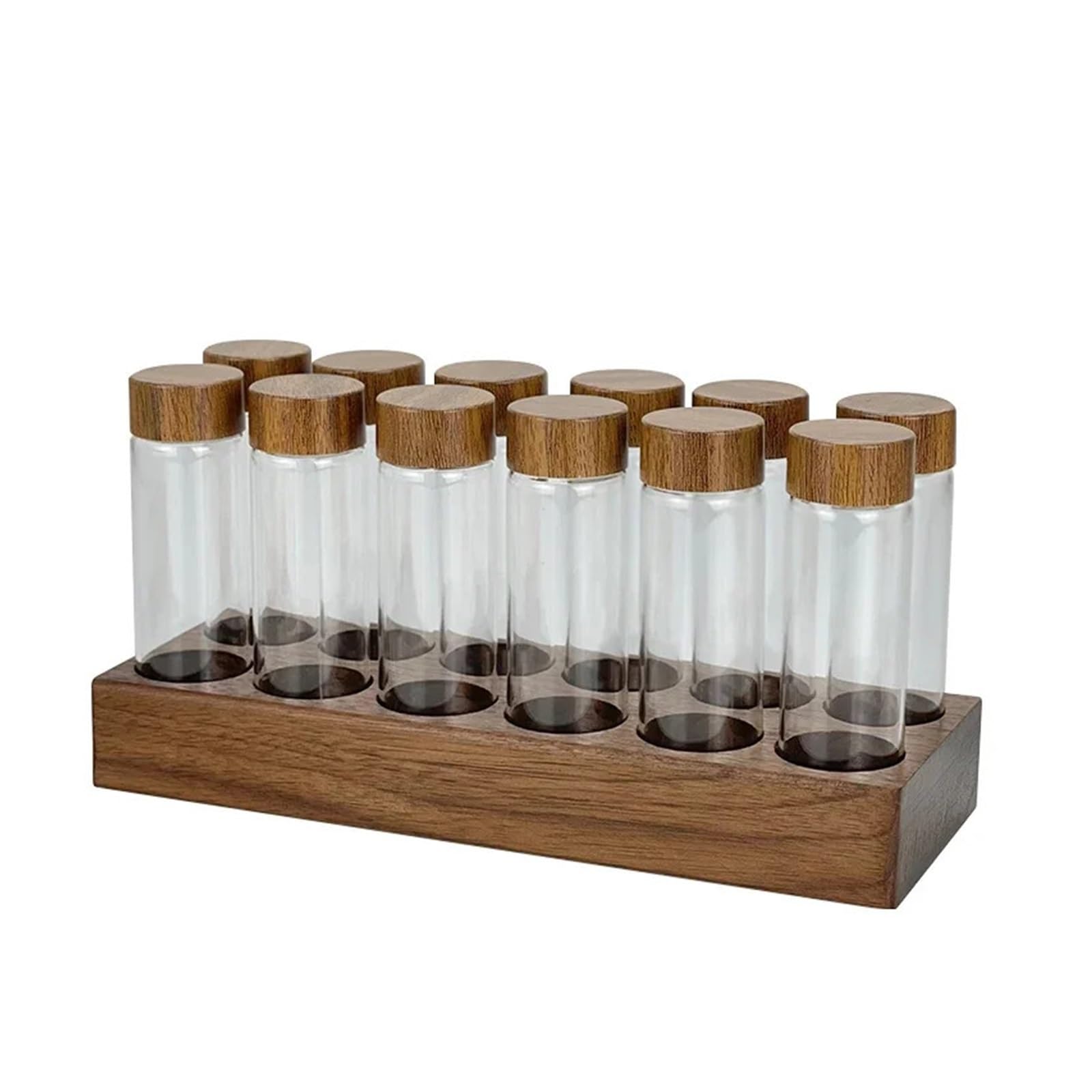 Tubo per chicchi di caffe, contenitore in vetro con imbuto KH-001 | Tubo monodose da 17g o 22g, base in noce, set in due pezzi, 6 o 12 fori(6 holes 17g Beech)