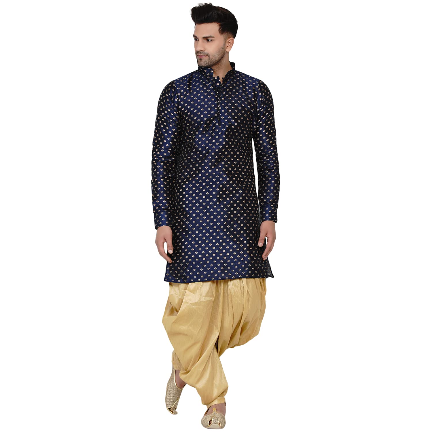 Men's Banarasi Full Sleeve Printed Long Straight Kurta and Dhoti Set(Black Kurta, Golden Dhoti)-image-12