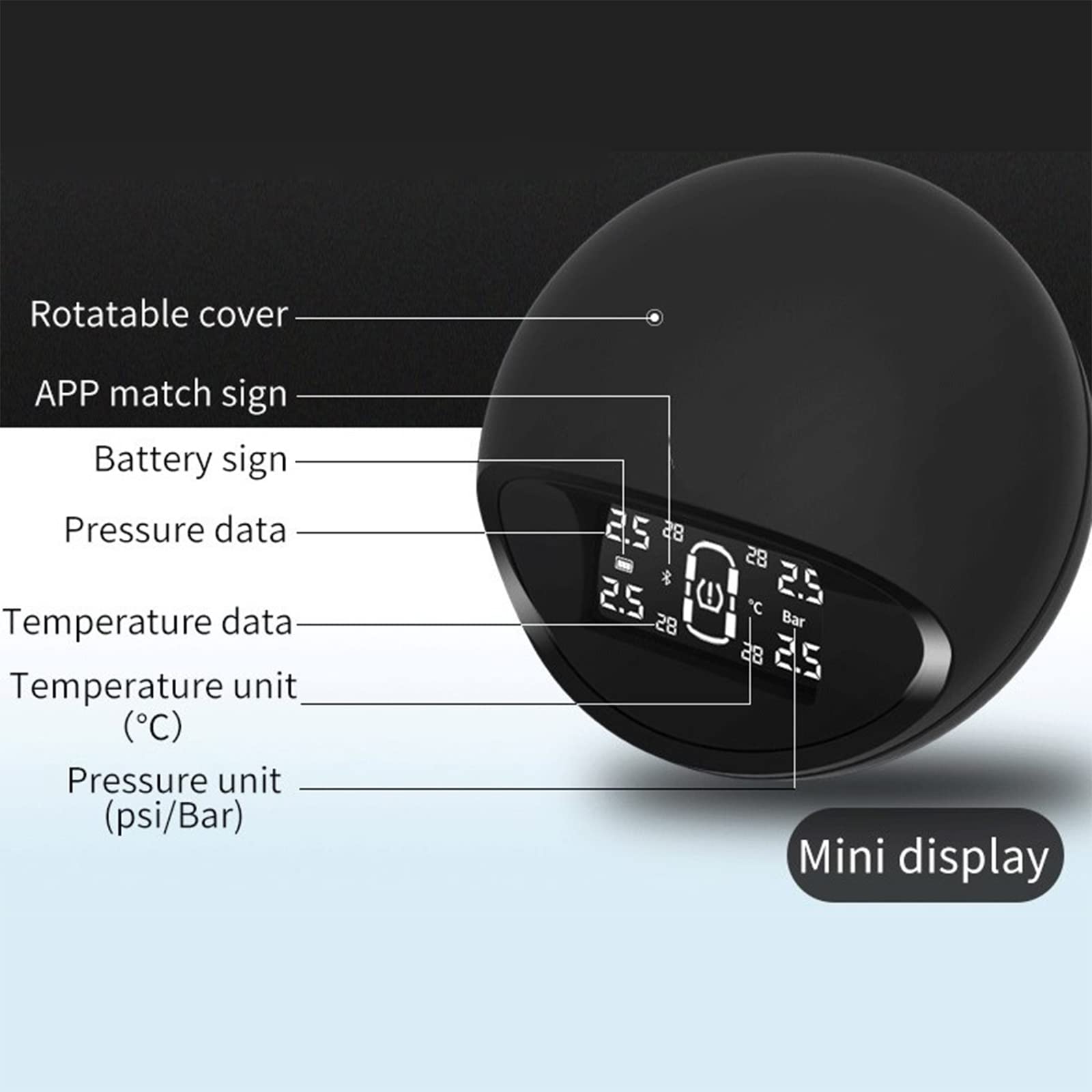 Mini Sistema di monitoraggio della Pressione dei Pneumatici TPMS, sistemi di monitoraggio della Sicurezza Wireless con 4 sensori Esterni, Controllo App Intelligente/Display LCD Digitale/r