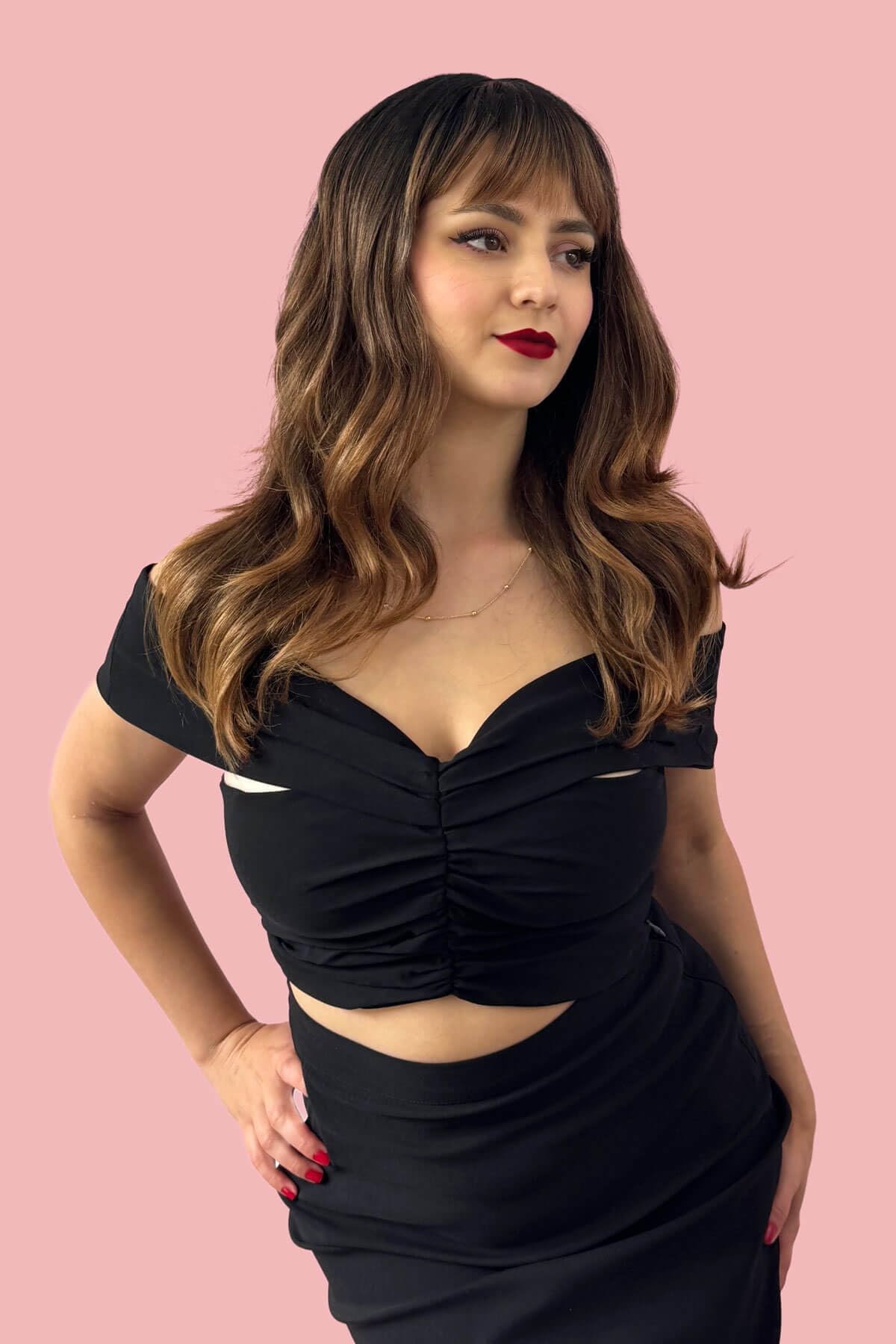 Ombre brown wig with reddish brown highlights & waves: Serenity