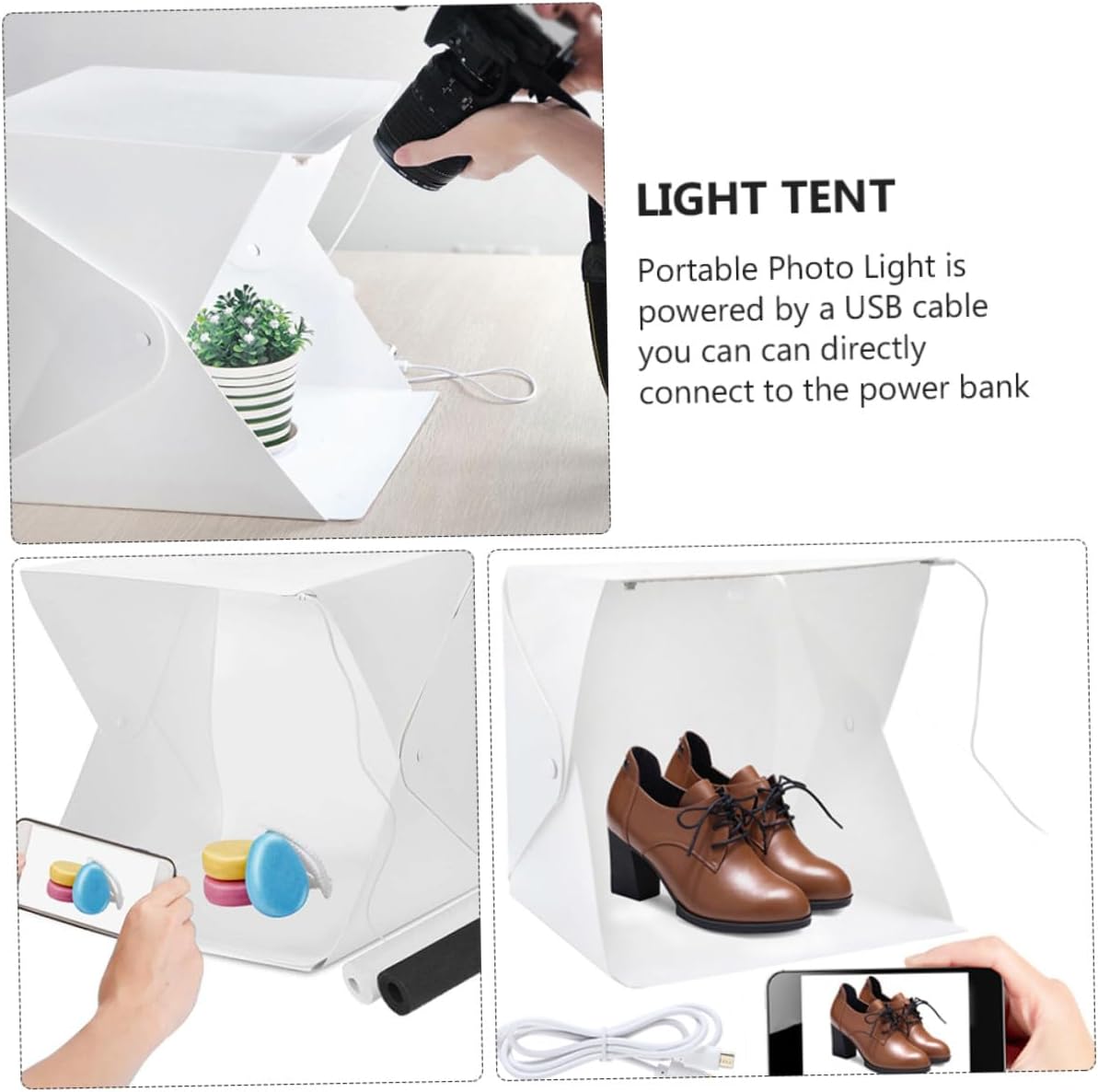 Mini 20cm LED Photography Light Box with Foldable Soft Tent and Dual Backgrounds, Portable Photo Studio Tent for Small Product Shooting and Jewelry Photography