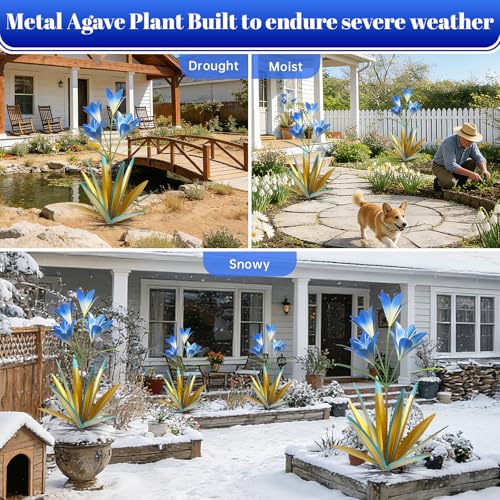Image of TOMBABY 32.28 Inch Metal Agave Plant Outdoor Decoration Lily Mexican Yard Art Garden Gift Home Decor Hand Painted Metal Agave Garden Yard Statue (2pc, Blue)