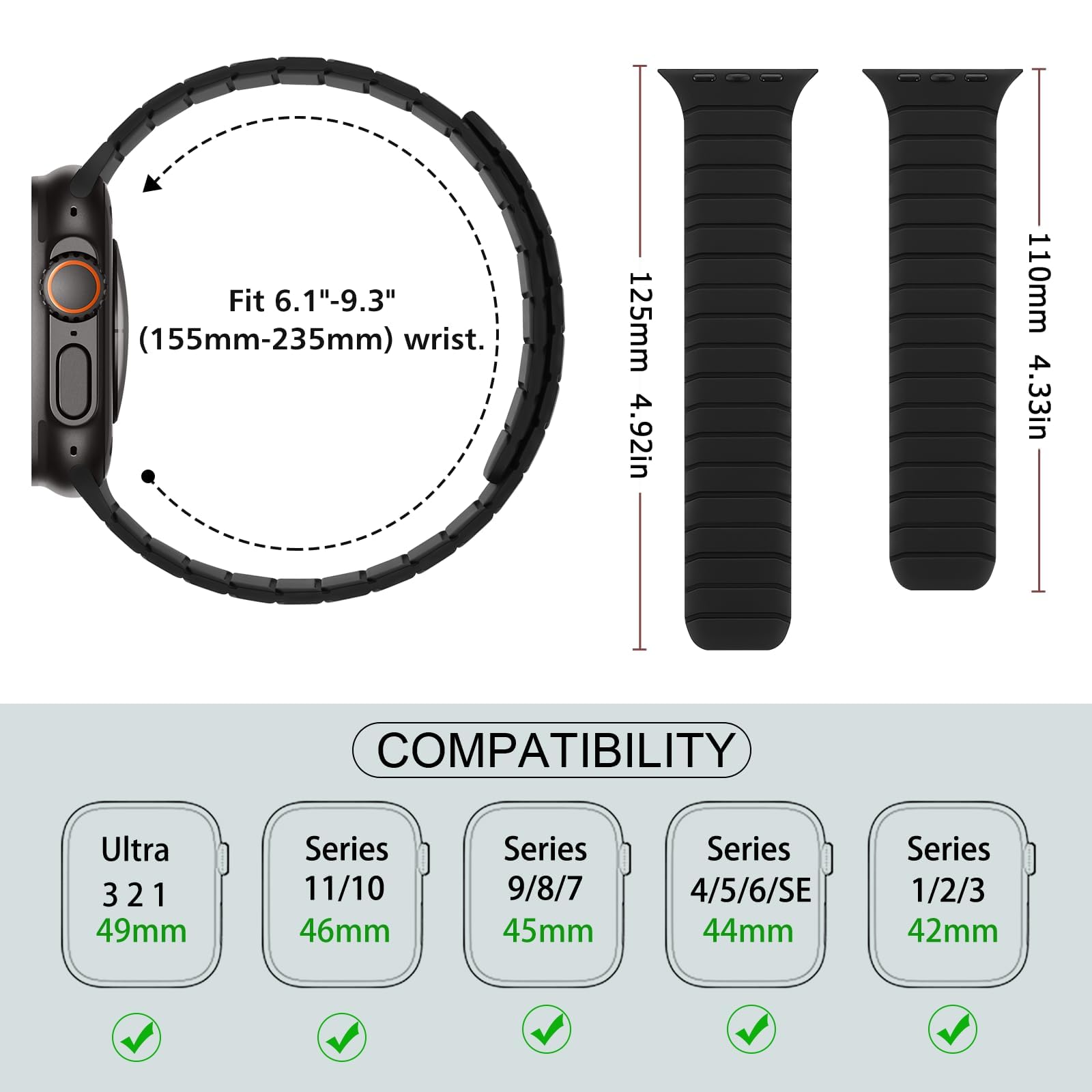 Bracelet Magnétique en Silicone Souple Compatible avec Apple Watch 49mm 46mm 45mm 44mm 42mm, Bande Sport conception pour Ultra 3 2 1 SE Series 11 10 9 8 7 6 5 4 3, Noir