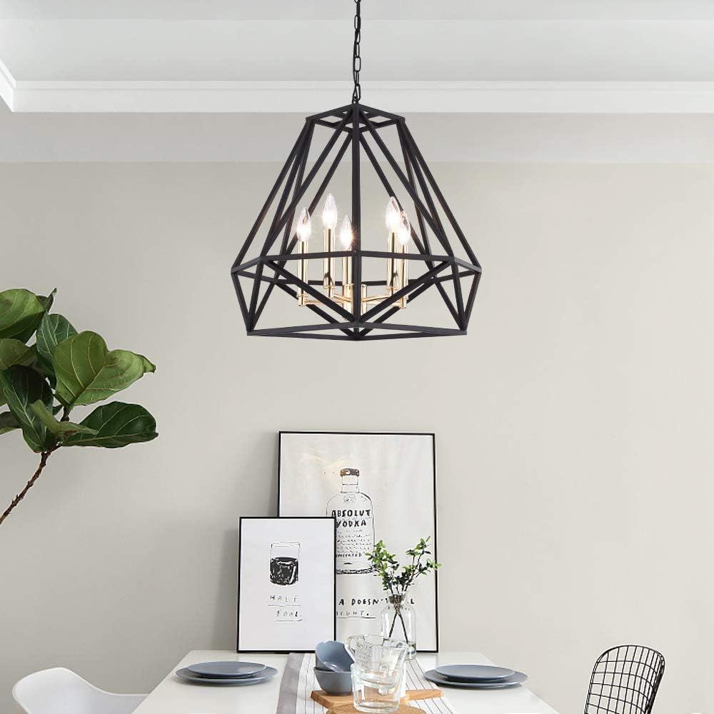 Maxax 5 Lights Metal Lantern Chandelier, Industrial Farmhouse Cage Pendant Hanging Lighting, Candle Ceiling Light Fixture, for Dinning Room, Living Room, Kitchen, Foyer, Antique Black