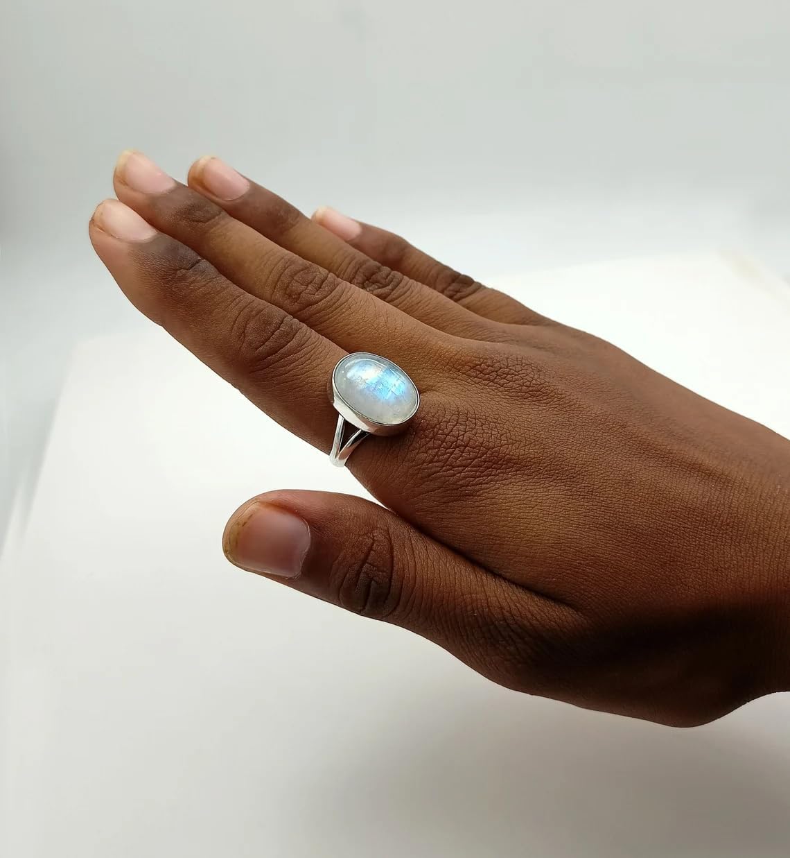 Rainbow Moonstone Ring, 925 Sterling Silver Plated, Women Gift Ring, Oval Stone Ring, Wide Band Ring, Wedding Ring, Boho Ring, Gift For Her, Dainty Ring, Split Band Ring
