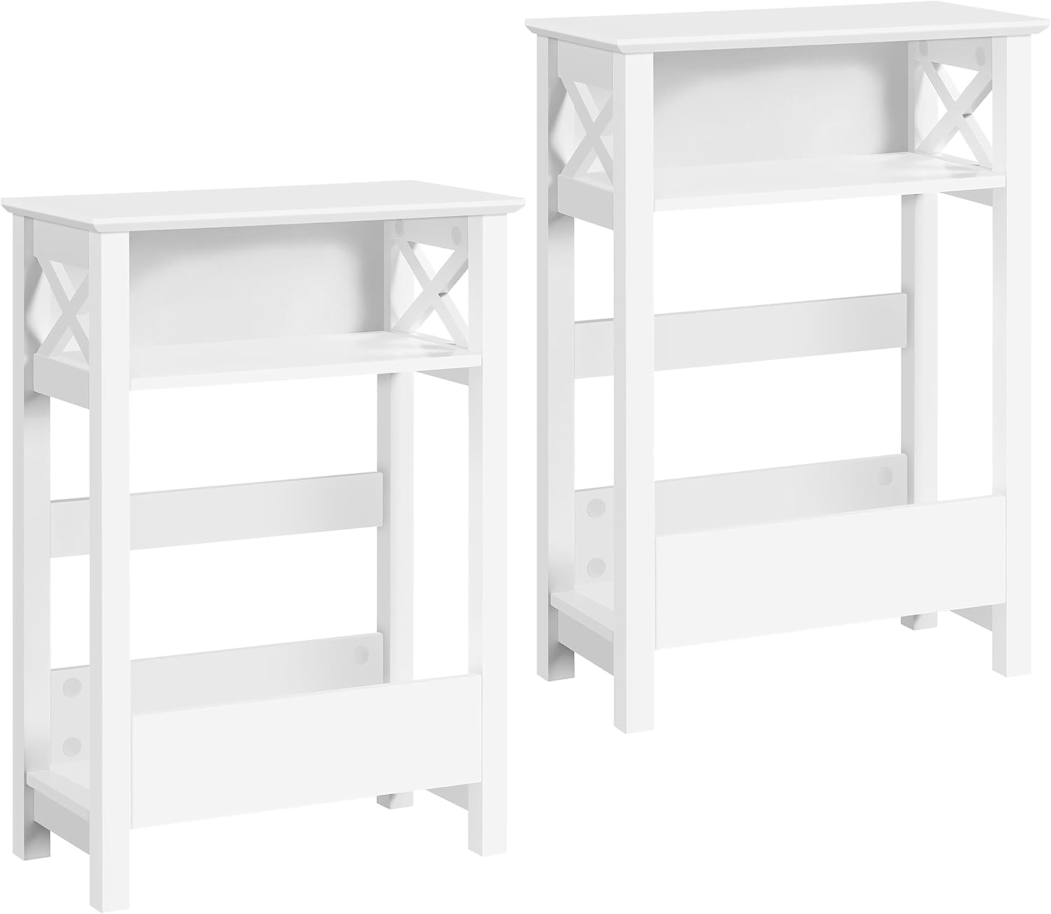 Topeakmart 2PCS 3 Tier Side Table with Storage Shelves, Modern End Table with Magazine Holder, X Shaped Skinny Side Table for Living Room Balcony Hallway Small Spaces, White