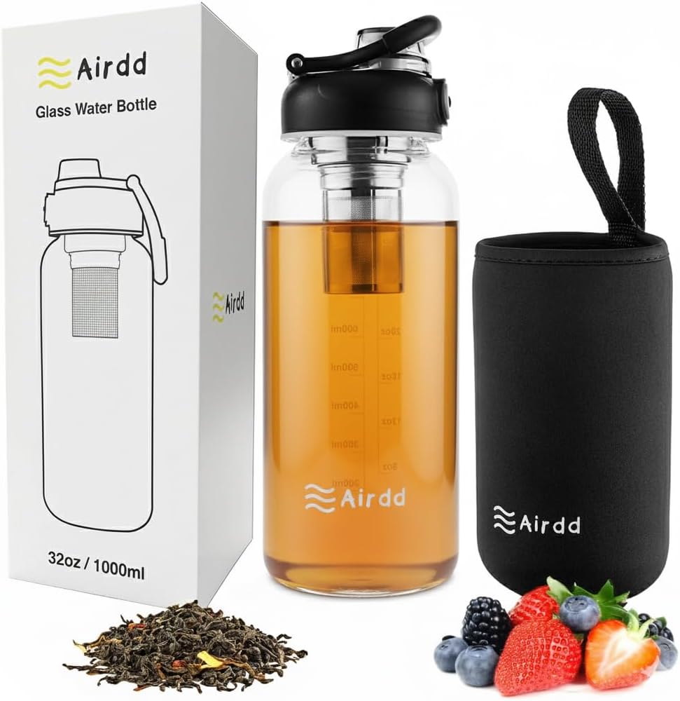 Glass Water Bottles with Stainless Tea Infuser 32oz, BPA-Free, Wide Mouth, Leakproof, Protective Sleeve, Borosilicate Glass for Tea and Fruit Infusions, Durable Travel Companion, Reusable Bottle