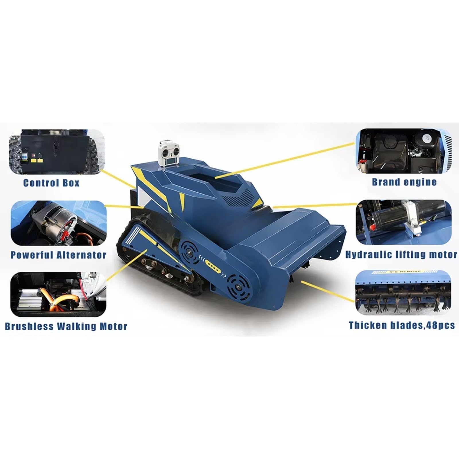 Cortador de cepillo para cortacésped con control remoto todo terreno | Cortacésped para campos, granjas y limpieza de malas hierbas con diseño de orugas y altura de corte ajustable