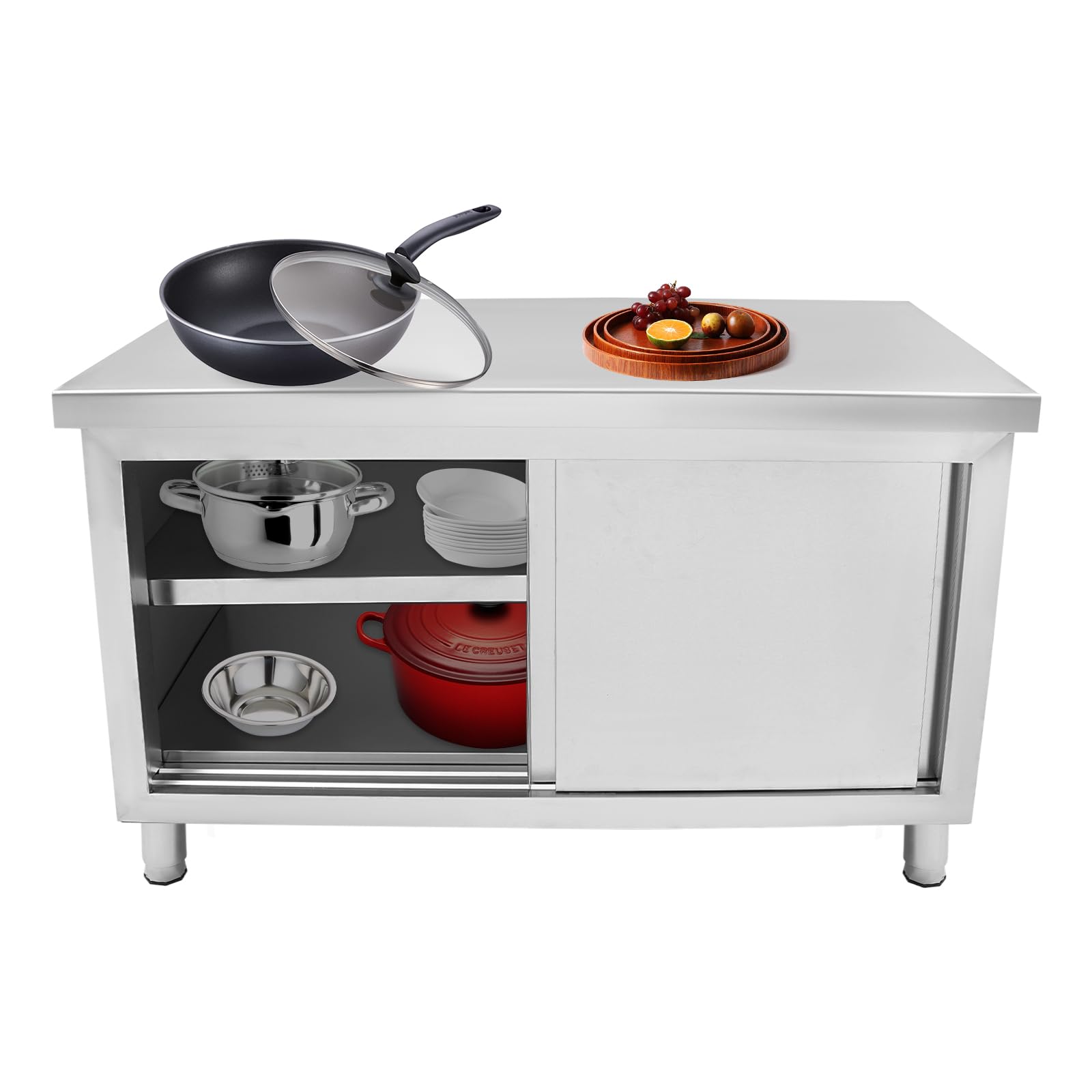 Mesa de trabajo de cocina, mesa de acero inoxidable para preparar con puertas correderas, armarios de trabajo de acero inoxidable para cocinas, garajes, jardines, bares, dos tamaños disponibles (100 x