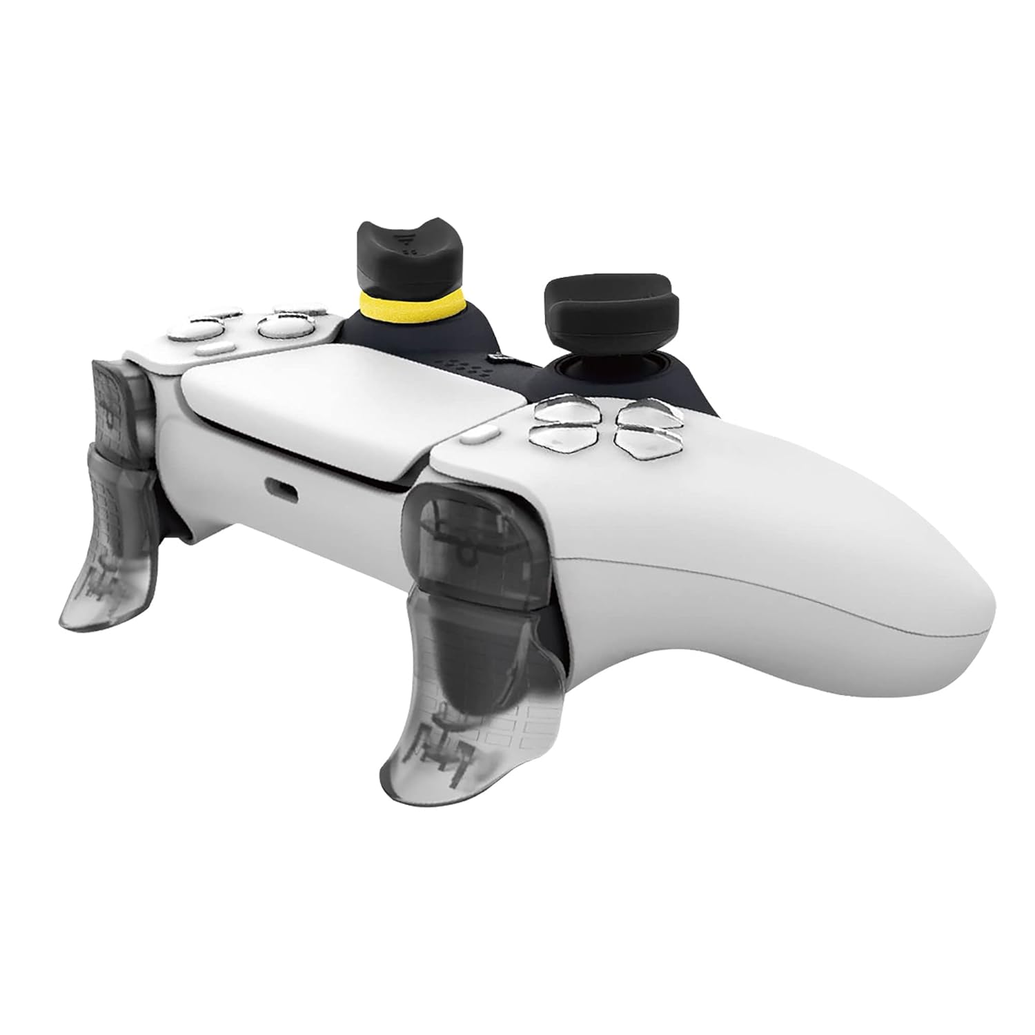 PS5 controller with joystick grips and trigger extensions installed