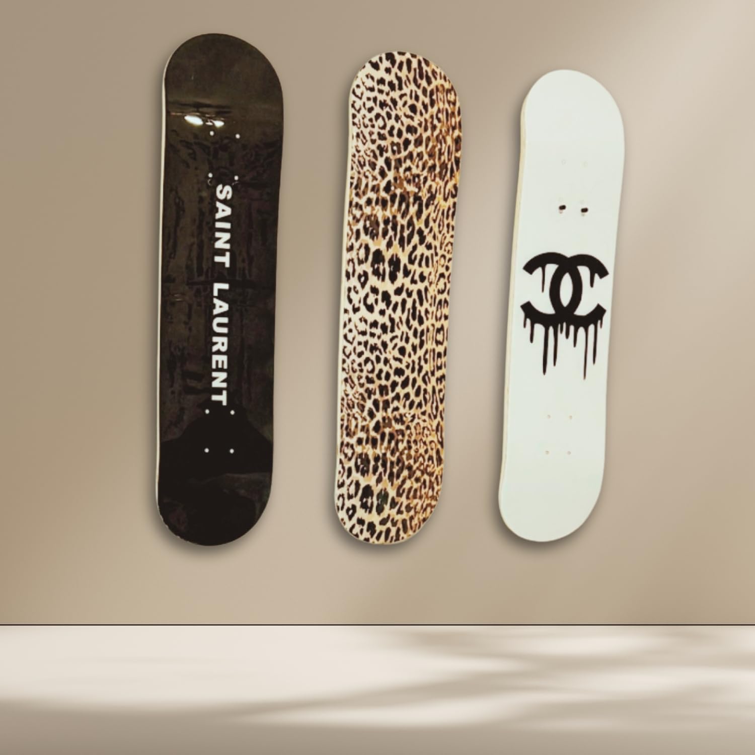 BDTrims 3 Pack Designer-Influenced Pop Art Skateboard Deck Set, Black White and Leopard Print, Premium 7-Ply Maple, Wall Decor, Customization Available
