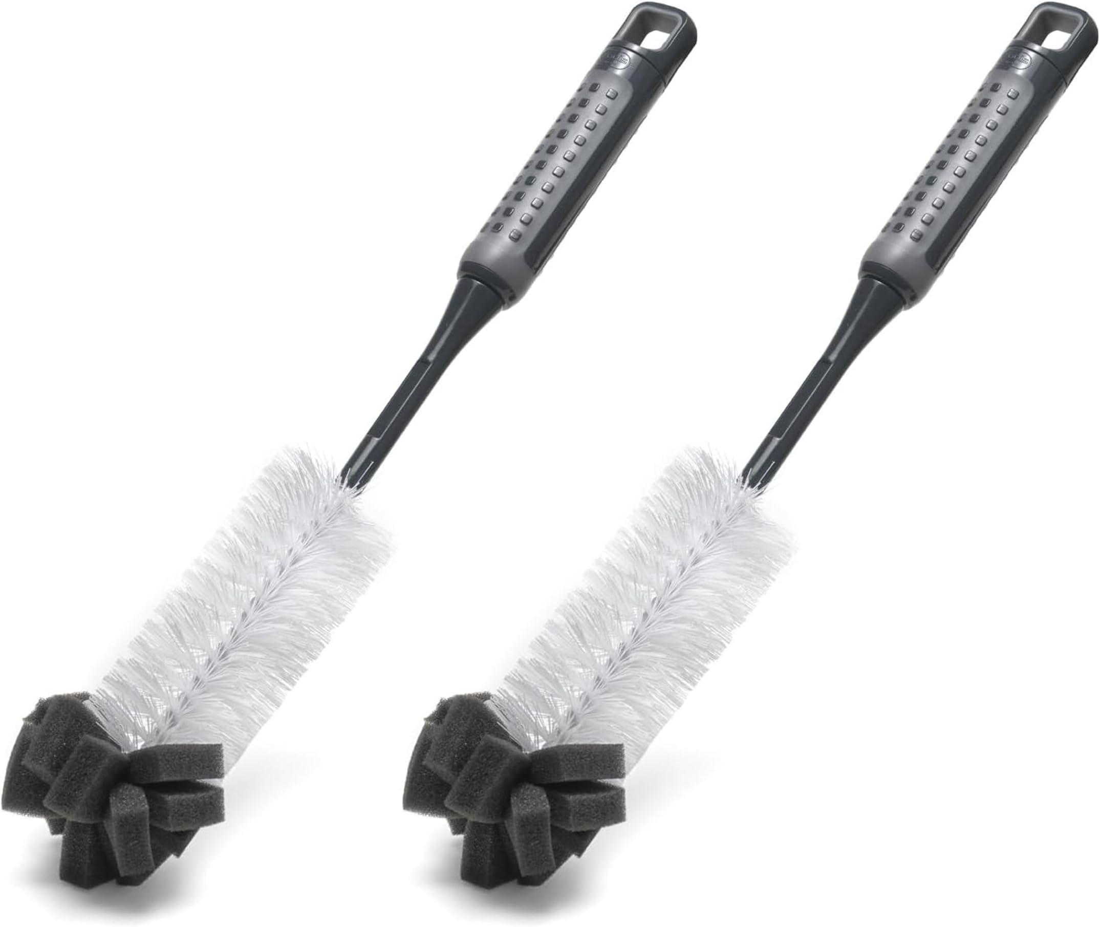 ComfiGrip Long Handled Bottle Brush with Sponge Scrub tip, Flexible Neck for Deep Cleaning Baby Bottles, Flasks & Vases - Metallic Graphite 2 Pack