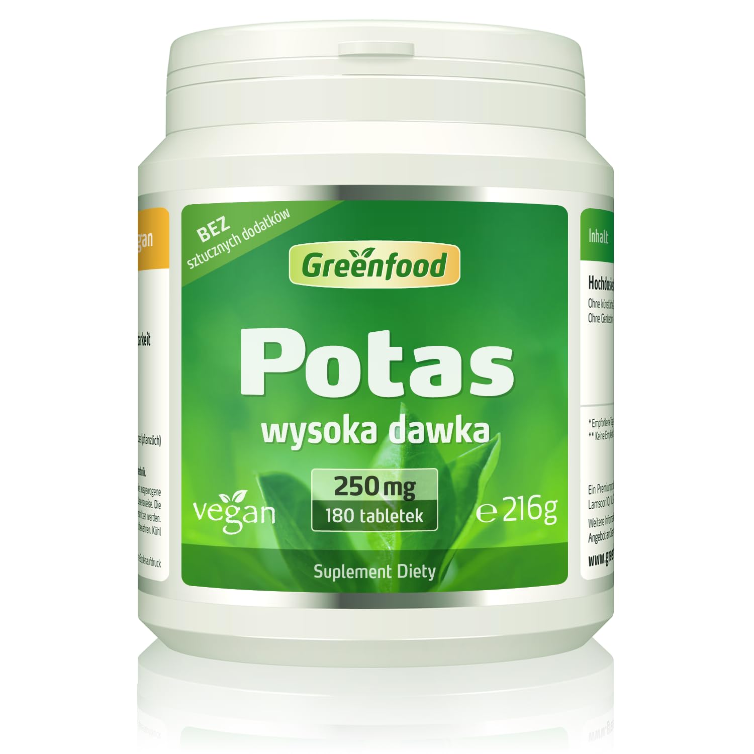 Greenfood Potas, 250 mg, 180 tabletek - wspomaga prawidłowy układ nerwowy, pracę mięśni i ciśnienie krwi. BEZ sztucznych dodatków. Bez technologii genetycznej. Wegańskie.