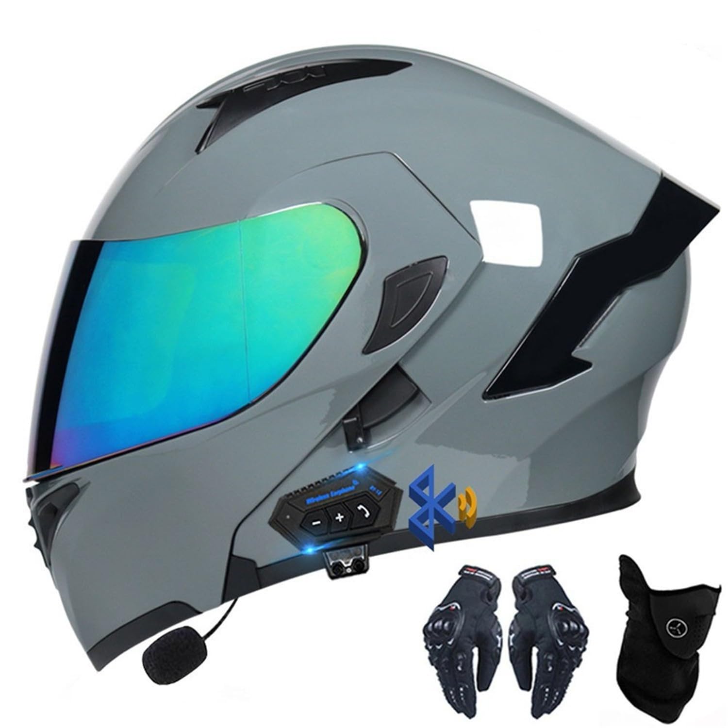 CNNGU Motorcycle Bluetooth Helmet With Gloves And Face Cover, DOT/ECE Approved Flip-up Helmet Modular Helmet, Double Sun Visor Full Helmet, Removable And Washable Lining