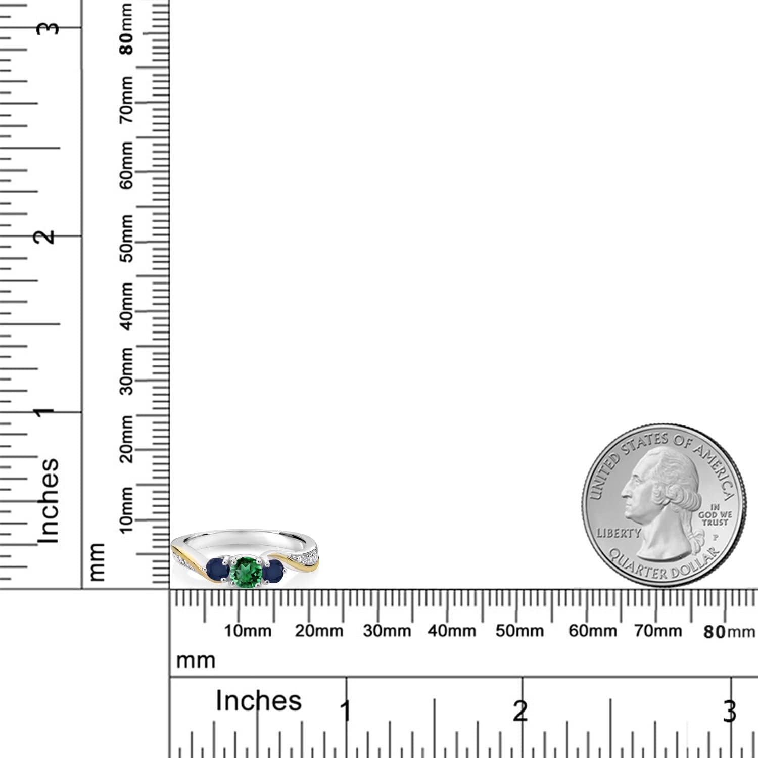 Gem Stone King 925 Silver and 10K Yellow Gold Green Nano Emerald Blue Sapphire and White Lab Grown Diamond 3 Stone Engagement Ring For Women (0.63 Cttw, May Birthstone)