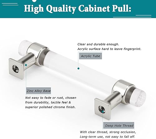 Miniatura 4 de Orger - Paquete de 20 manijas de gabinete modernas de acrílico transparente con acabado cromado plateado, pomos y tiradores de gabinete de 3.5