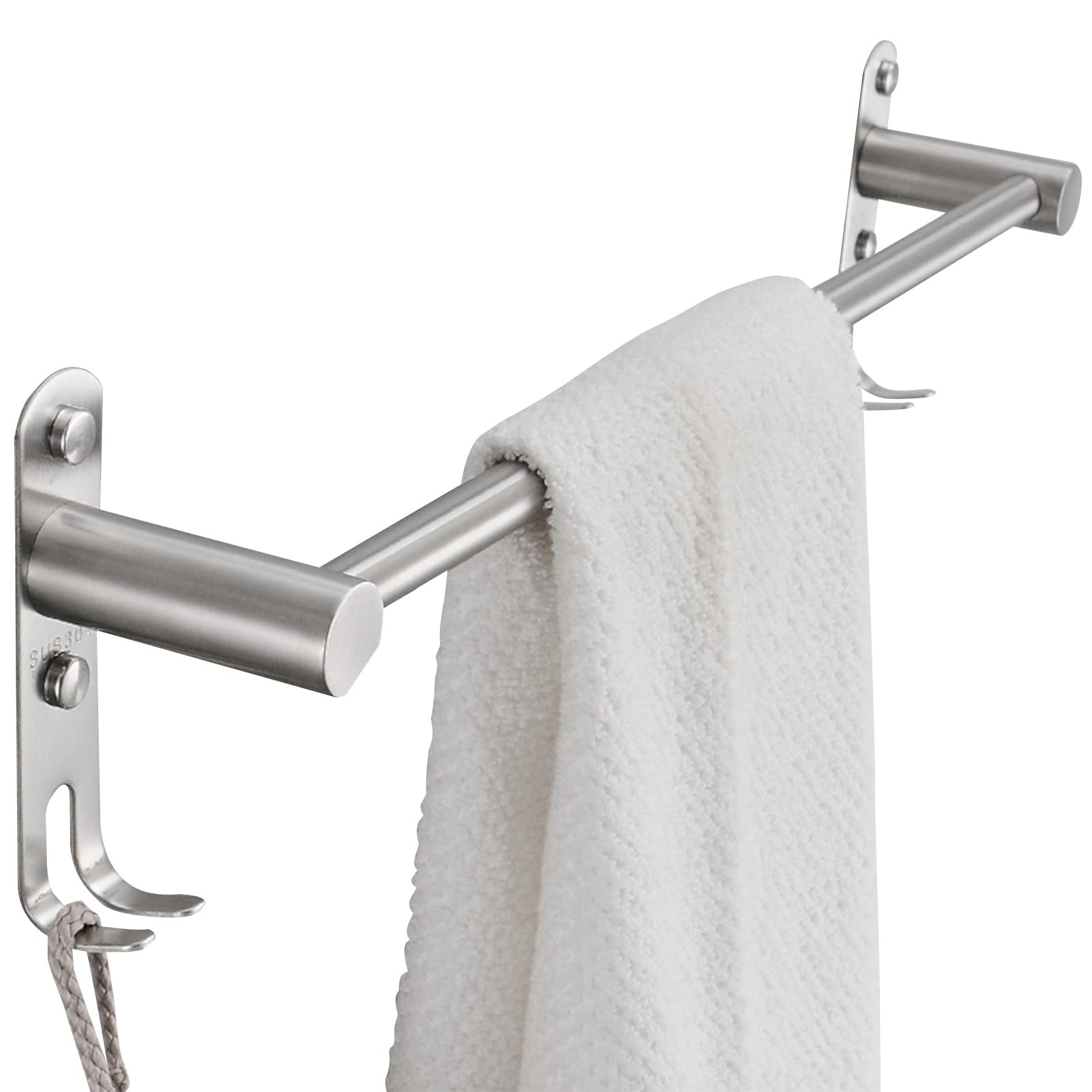 Multi-Function Towel Rack 304 Stainless Steel Towel Storage Wall Mounted Bath Rail Single Standing Towels Bar with Hooks for Bathroom Kitchen(60cm)
