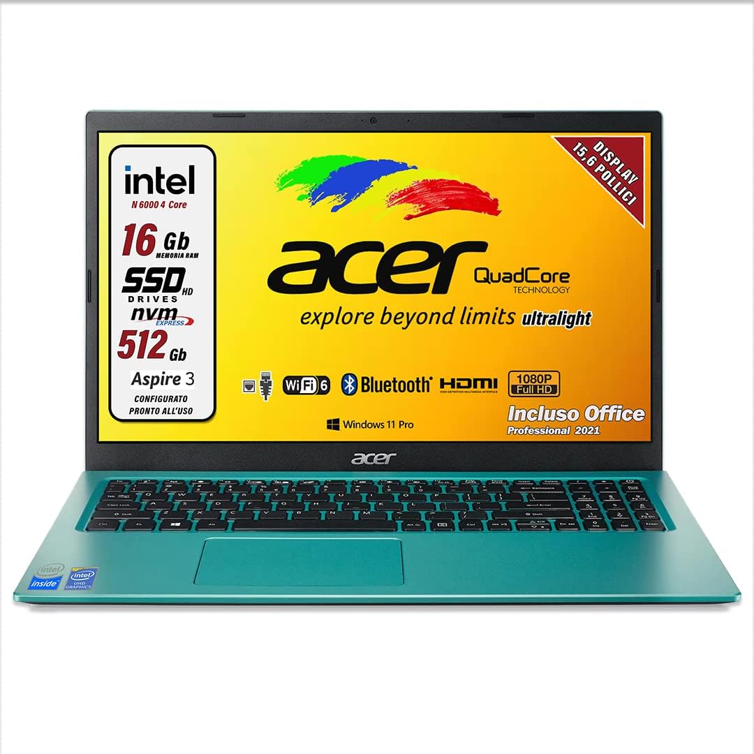 Acer Notebook Intel 4 Core N6000, RAM 16 Gb Ddr4, SSD pci da 512 Gb, Display FULLHD da 15,6, web cam, 3 usb, hdmi, bt, lan,wi-fi, Win11 Pro, Office Pro, Pronto alluso e preconfigurato Gar. Italia Acer Notebook Intel 4 Core N6000, RAM 16 Gb Ddr4, SSD pci da 512 Gb, Display FULLHD da 15,6, web cam, 3 usb, hdmi, bt, lan,wi-fi, Win11 Pro, Office Pro, Pronto alluso e preconfigurato Gar. Italia