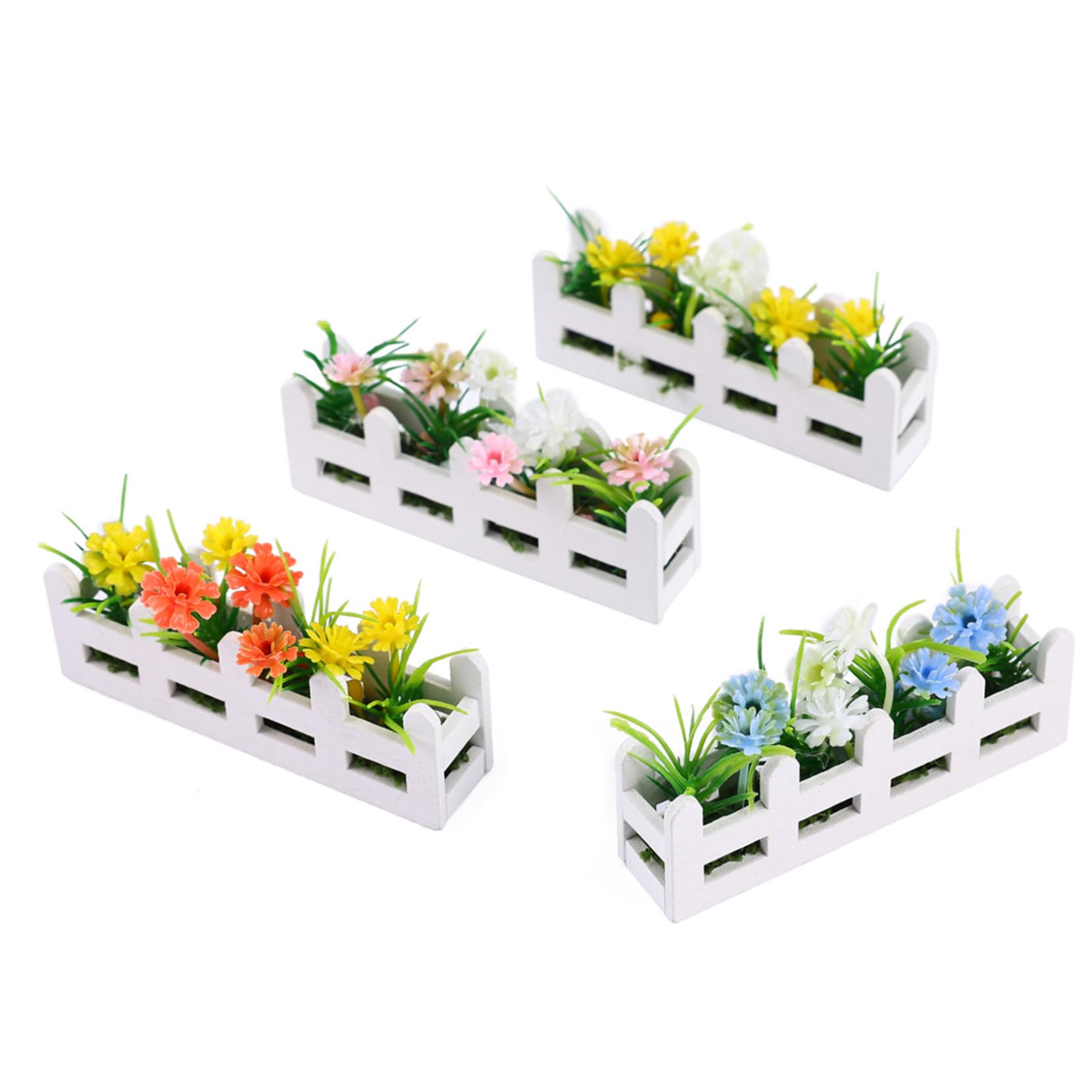 AwnsIMfreien 4PCS Dollhouse Flowers, Colorful Miniature Plants with White Picket Fence for Dollhouse, DIY Miniature Scenery and Accessories, Flowers