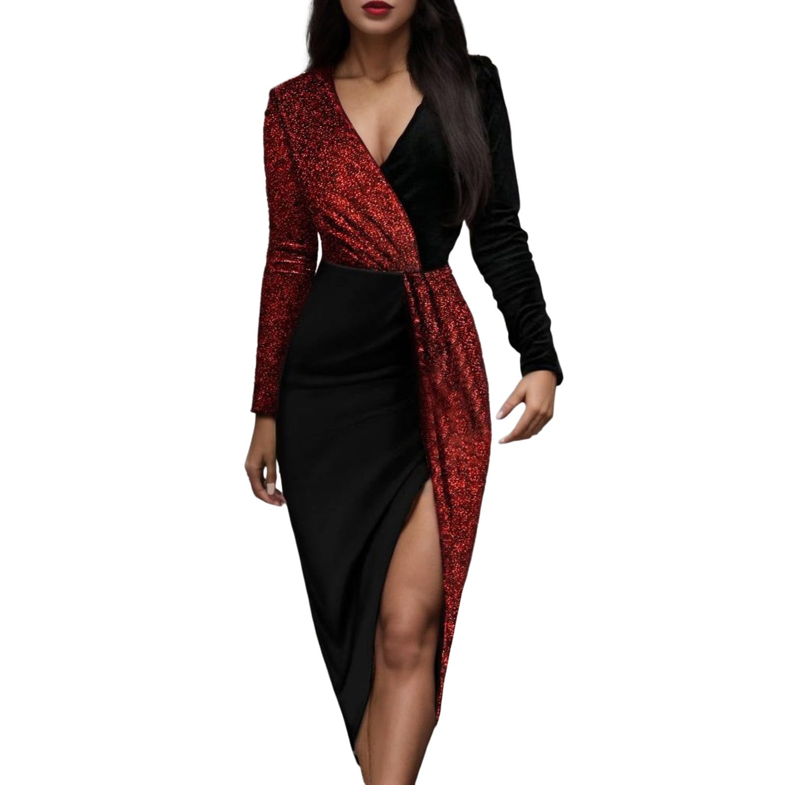 Fulidngzg Glitzer Kleid Langarm Damen Party Abendkleider Pailettenkleider Vintage Pailletten Glitzerkleid Silvesterkleid Schöne Winter Partykleid Cocktailkleid Schick Wedding Damenkleid Brautkleider