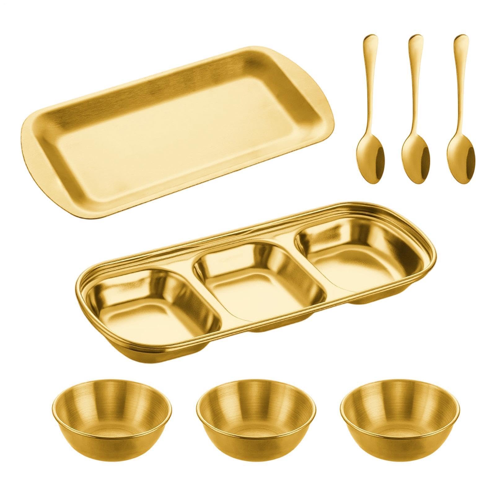 Ciotole per salsa di soia, 8 pezzi, in acciaio inox, con 3 scomparti, per sale, zucchero, ketchup, aceto, pentola calda, barbecue, feste in cucina, ristorante