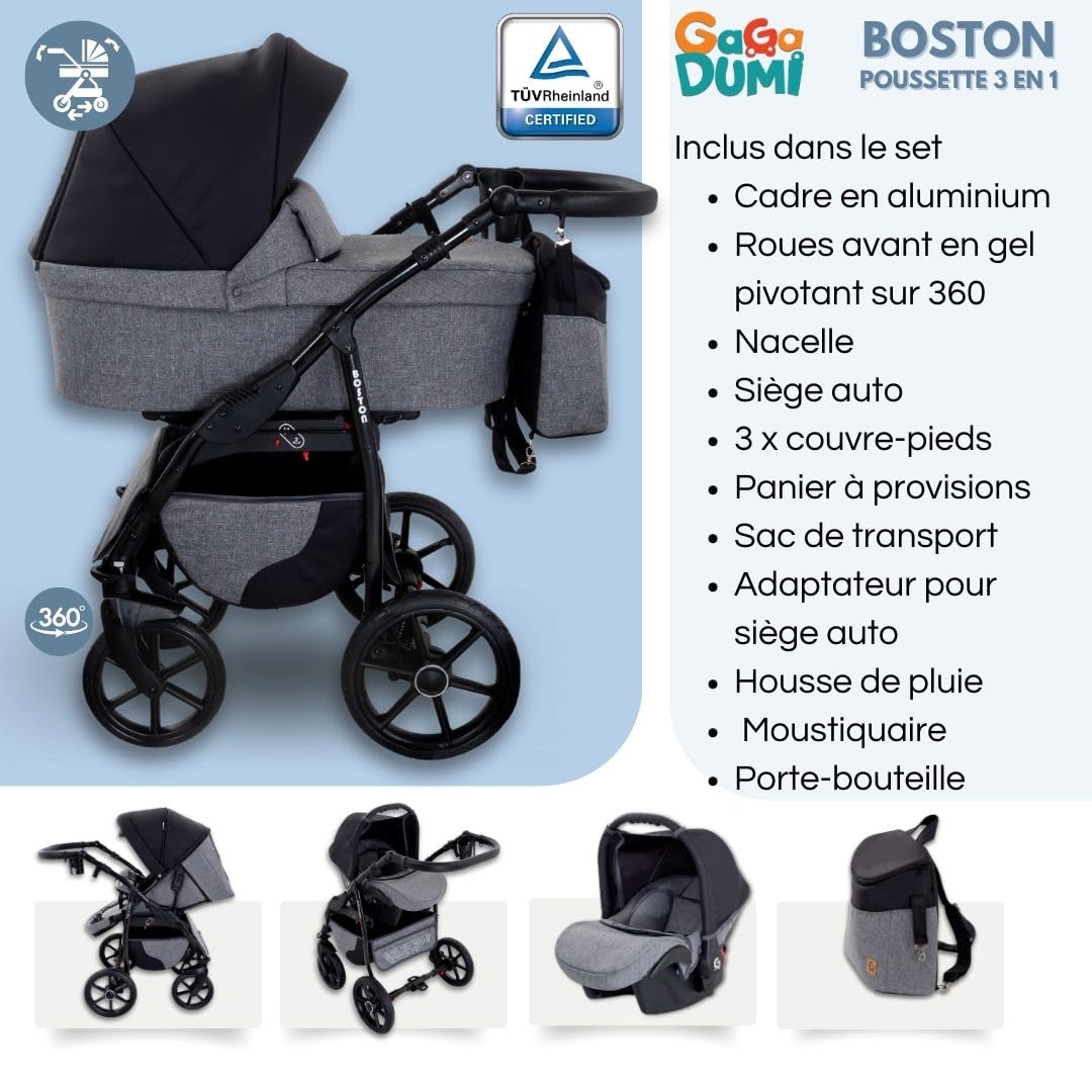 Poussette combinée 3 en 1 Boston avec nacelle, siège-auto et accessoires, Landau Certificat TÜV, Noir