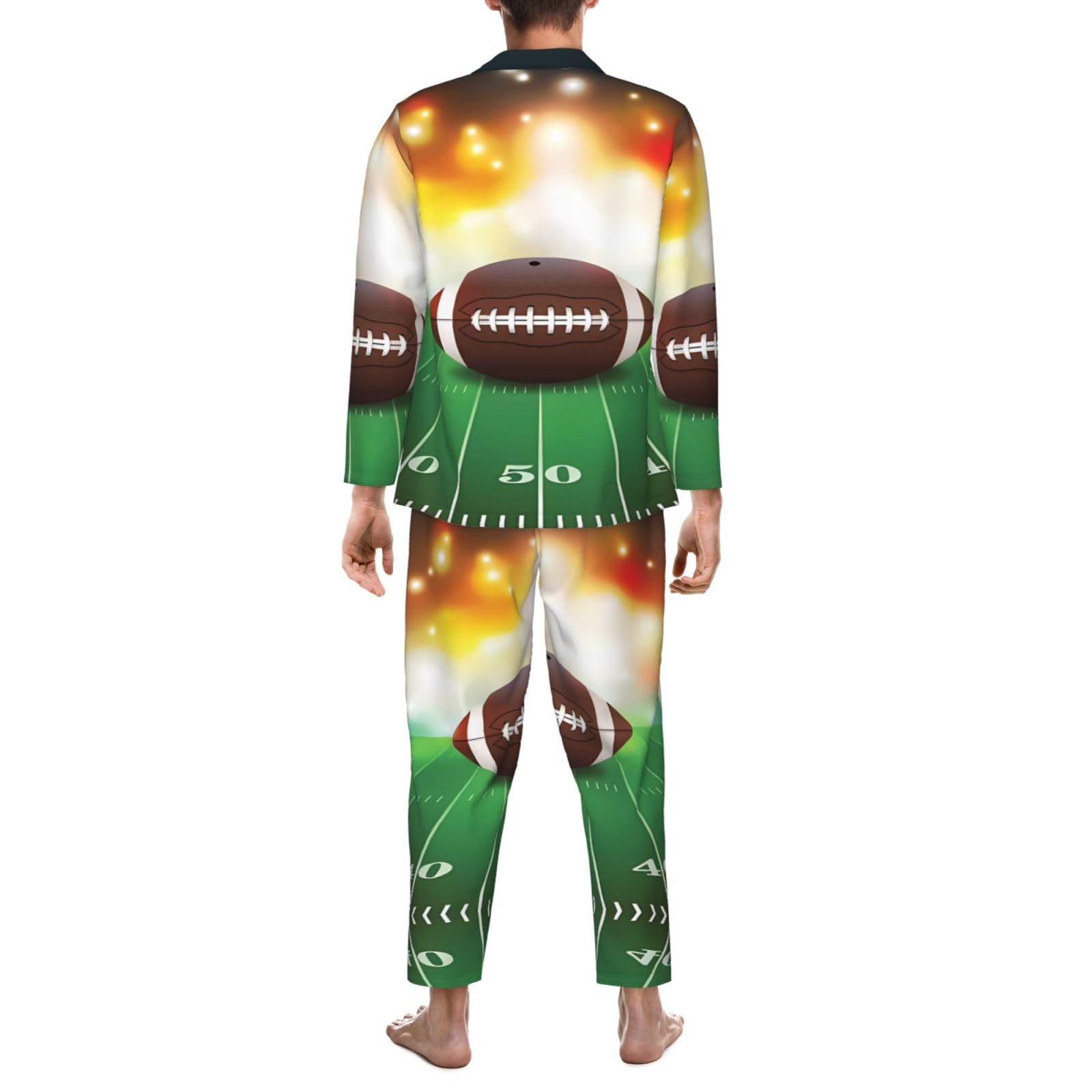 Conjunto de pijama deportivo con estampado de pelota de fútbol americano sobre hierba, de manga larga, con cuello y cintura elástica y bolsillos