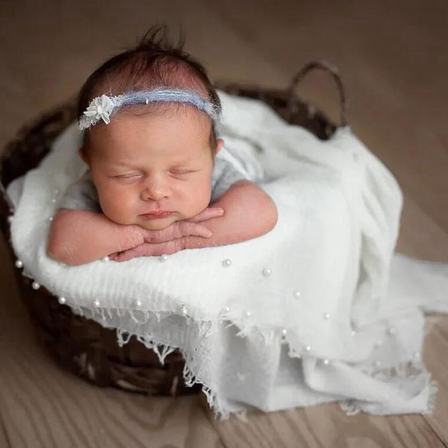 Newborn Photography Props Baby Photoshoots Pearl Wraps Girl Photo Posing Layers with Headband Accessories (Cream)