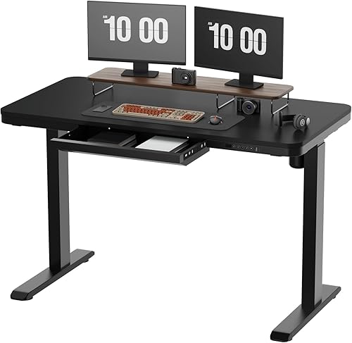Escritorio eléctrico de pie con cajón, escritorio de altura ajustable de 45 x 23 pulgadas con memoria preestablecida y puertos USB, escritorio de