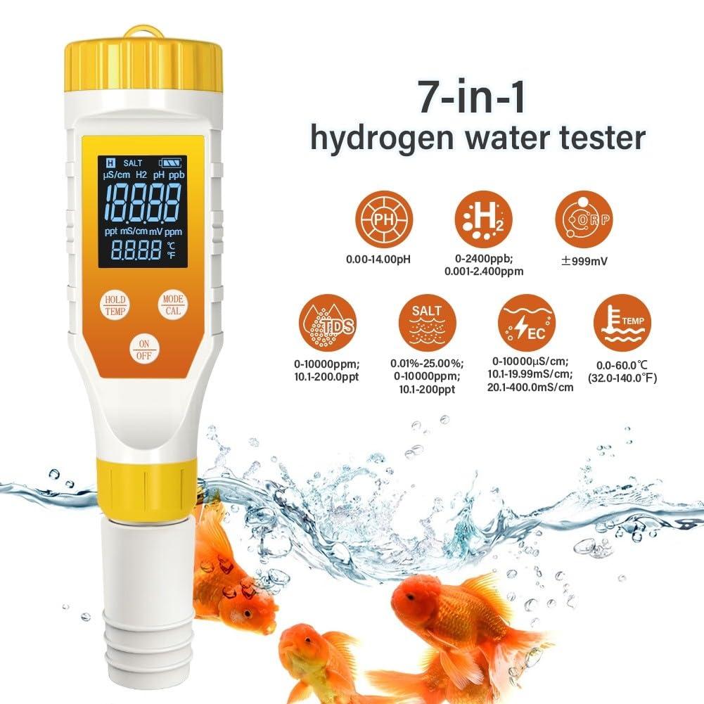 Probador de agua de hidrógeno 7 en 1 con retroiluminación: medidor preciso de salinidad de pH ORP para análisis de calidad de jugo de agua filtrada y bebidas