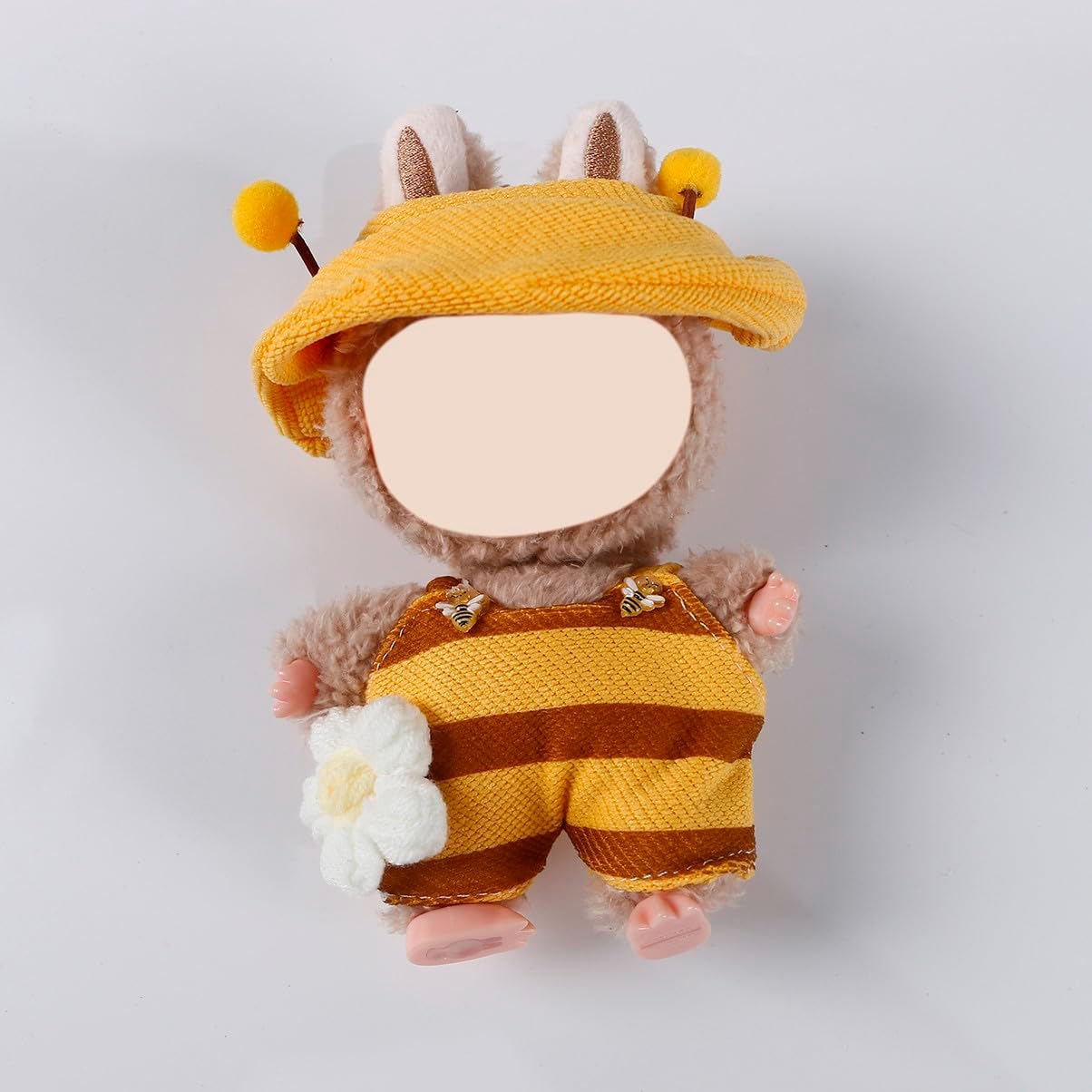 Compatible with Labubu (NO Doll) - Yellow Bee Hat & Striped Overalls Set with Flower Decor, Outfit for 15cm/17cm Plush Dolls (Yellow Bee)