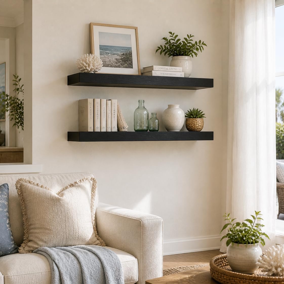 Floating Shelves 3 inch Thick for Wall Set of 2,Solid Pine Wood Wall Mount Shelf for Kitchen Living Room Bedroom Bathroom,8" D x 36" L x 3" H-Black