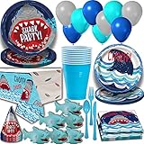 Shark Party Supplies for 16 Guests. Dinner Plates, Cake Plates, Napkins, Cups, Cutlery, Balloons, Tablecloth, Hats, Mini Shark Squirt Favors - Under the Sea Theme Birthday Pack w Decorations + Prizes