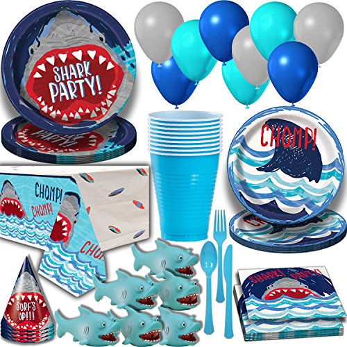 Shark Party Supplies for 16 Guests. Dinner Plates, Cake Plates, Napkins, Cups, Cutlery, Balloons, Tablecloth, Hats, Mini Shark Squirt Favors - Under The Sea Theme Birthday Pack w Decorations + Prizes