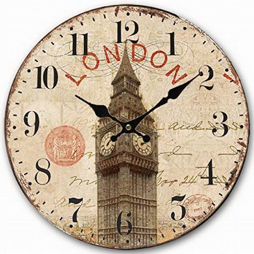 Telisha Reloj de pared de madera Reino Unido Londres Big Ben Reloj británico Retro Vintage Reloj grande para el hogar decorativo país sin tictac
