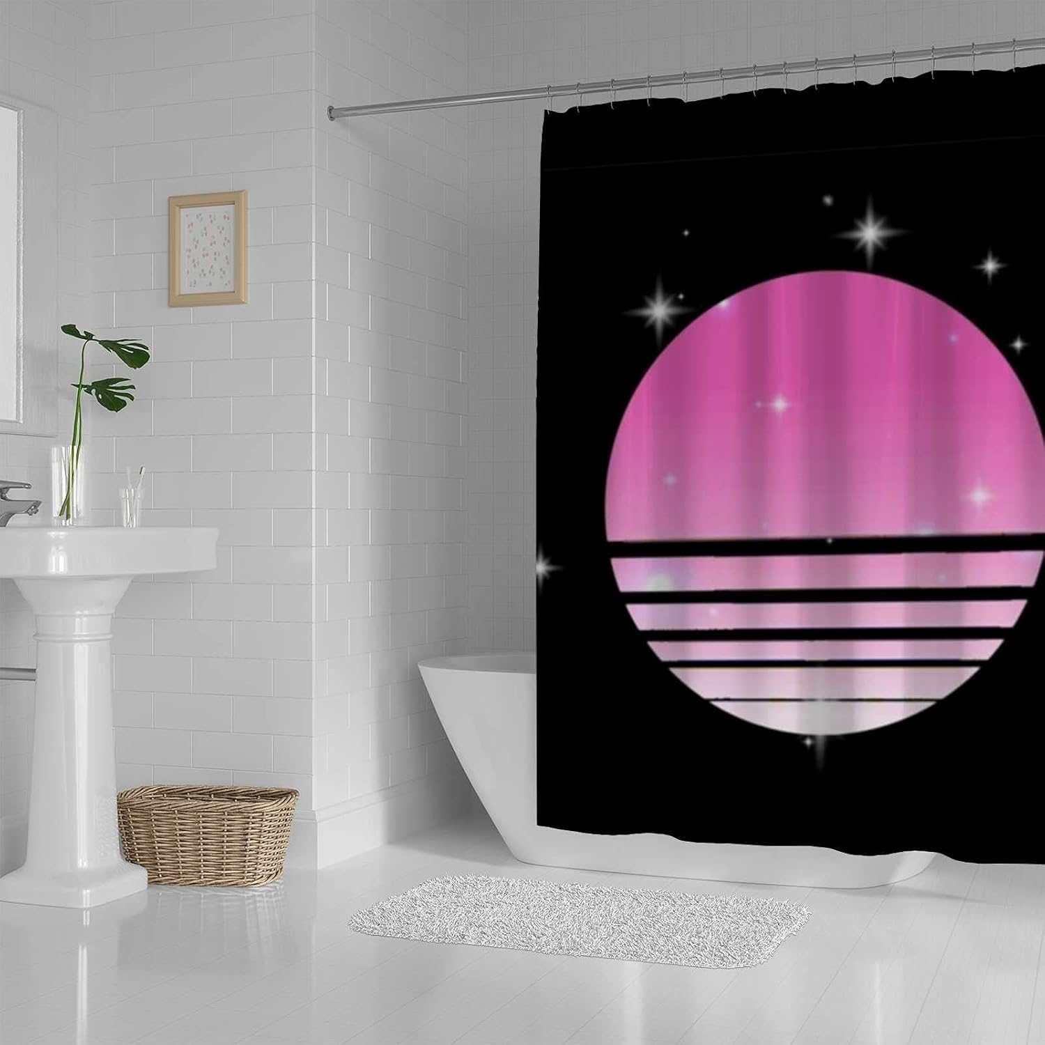 Kuizee Bathroom Shower Curtain 60 x 72 Inch with 12 Hooks Synthwave Cyberpunk Sun Starry Sky Black Bathtubs Polyester Waterproof Shower Curtains Set Fabric Decor Easy Install
