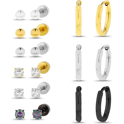 Devin Rose Screwback Flat Back Studs Hoop Earrings for Women Trendy Hypoallergenic Small Huggie Cartilage Stack Cute Earring Set for Sensitive Ears Helix Daith Piercing Jewelry Gifts