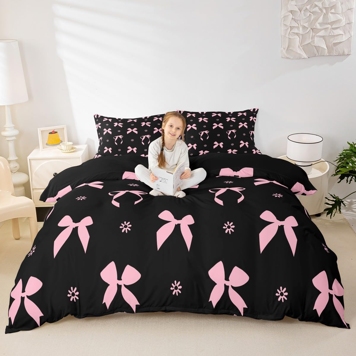 Feelyou Black Pink Bow Bedding Set Kids Cute Bow-tie Comforter Set Twin Size Girly Kawaii Bowknot Dreamy Princess Floral Duvet Quilt for Women Men Room Decor Soft Lightweight with 1 Pillow Case 2Pcs