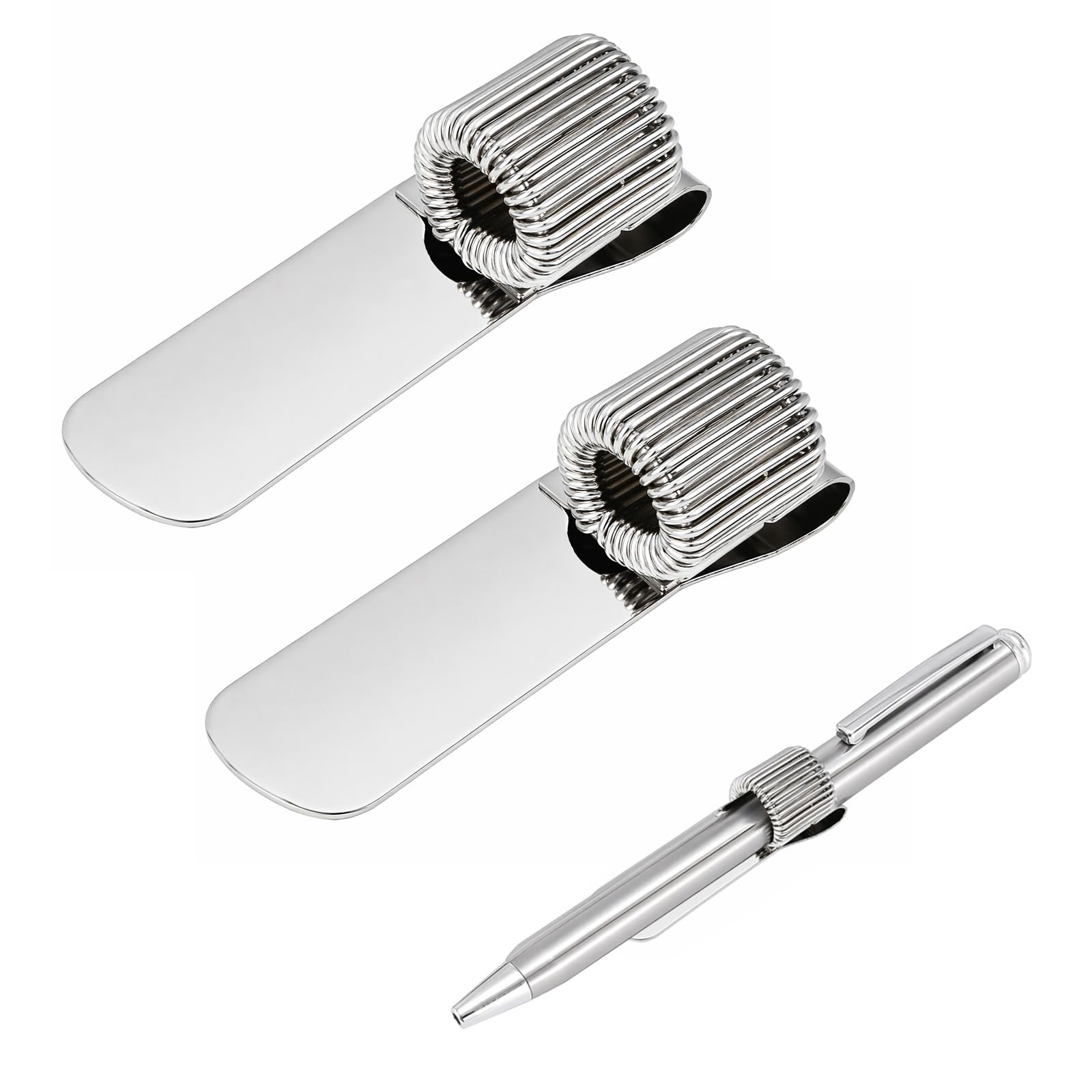 Merzio 2Pcs Metal Pen Holder Clips Adjustable Spring Loop Pencil Holder For Notebook Clipboard Journal And Pocket, Stainless Steel Pen Clip (Sliver)