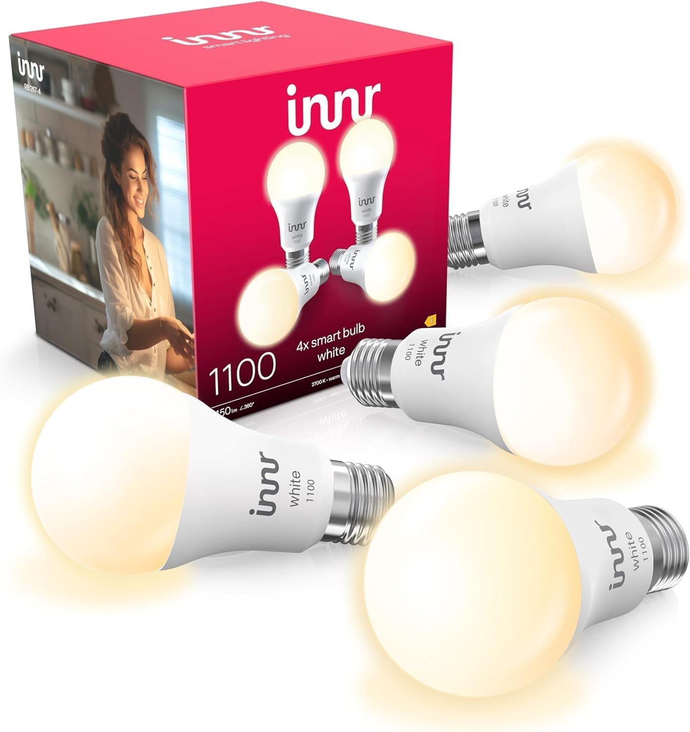 innr innr Zigbee E27 Smart Lampe, funktioniert mit Alexa und Hue* (Bridge erforderlich), Warmweiß, Glühbirne E27 Dimmbar, Smart Home Lampe, 1150 Lumen, 4 Stück