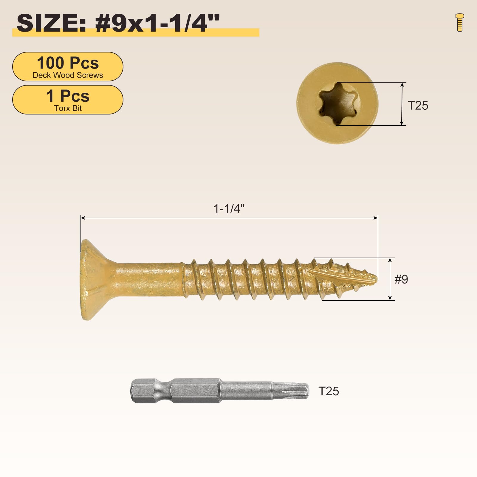 METALLIXITY Deck Screws (#9x1-1/4") 100Pcs, Carbon Steel Wood Screw Decking Screws Epoxy Coated with T25 Torx Drive Head - Image 2