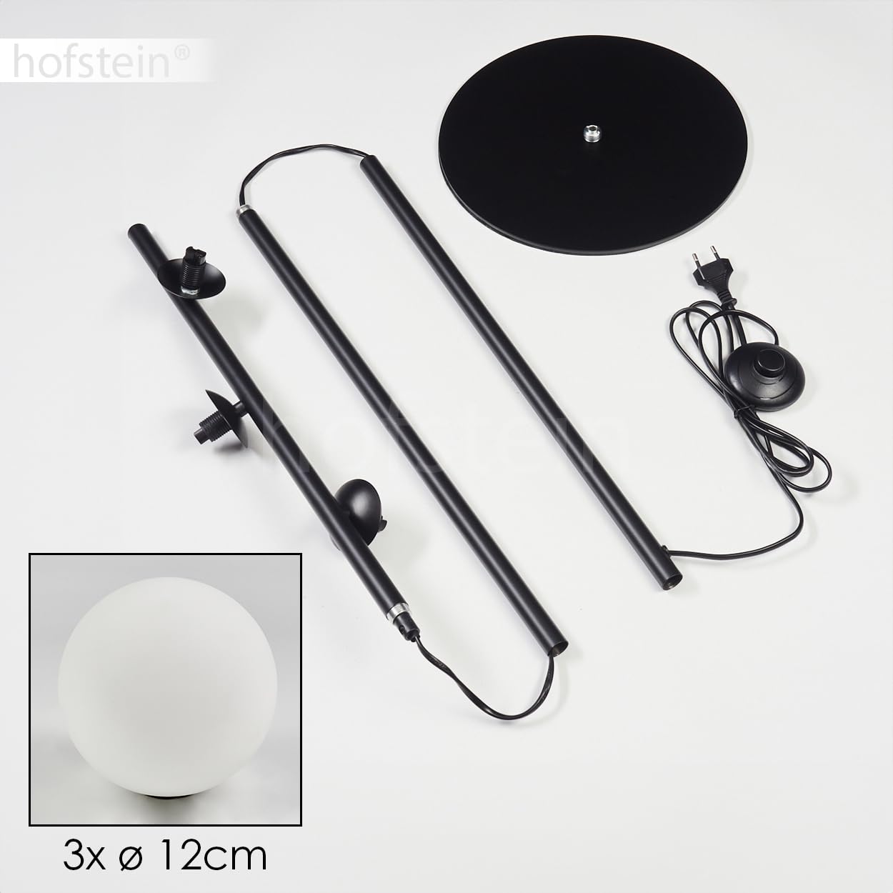 Stehleuchte Remaisnil, moderne Stehlampe aus Metall/Glas in Schwarz/Milchglas, Standleuchte mit Schirmen aus Glas (Ø 12 cm), mit Fußschalter am Kabel, 3 x G9, ohne Leuchtmittel