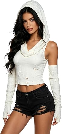 Womens Ripped Hoodie Sweater Vest Hollow Out Hooded Crop Top Knit Pullover Streetwear with Oversleeve