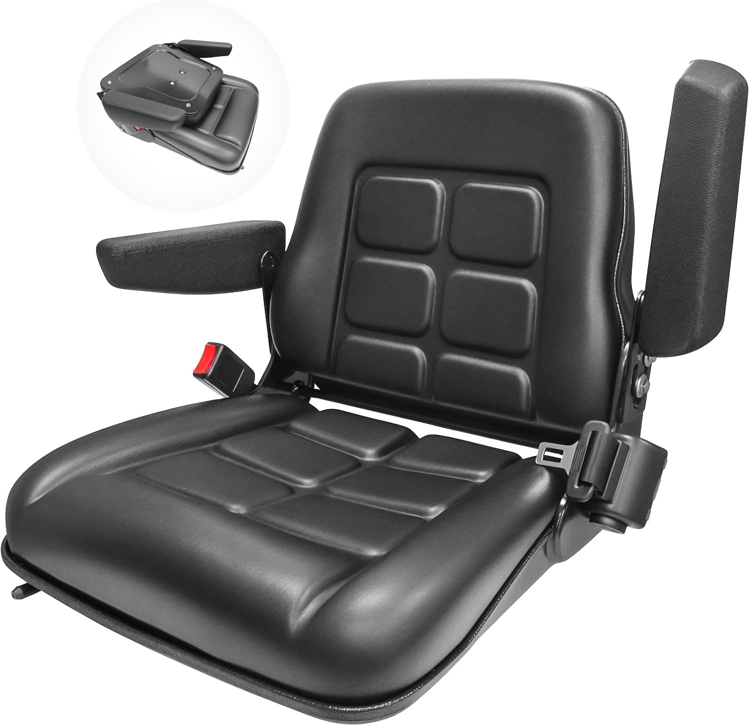 MFS Universal Folding Forklift Lawn Tractor Seat with Retractable Seatbelt, Waterproof Cover Soft Cushion Equipment Accessory Part Seat Replacement Fits Garden Riding Lawn Mower Skid Steer Truck - 355