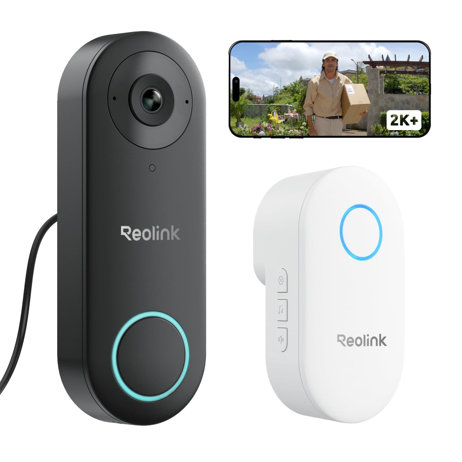 Reolink 2K+ Wired Video Doorbell Camera with Chime, 2.4/5 GHz Wi-Fi, Human Detection, App Alert, Video Call, 2-Way Audio, Local Storage, No Monthly Fee, hardwired/plug-in installation