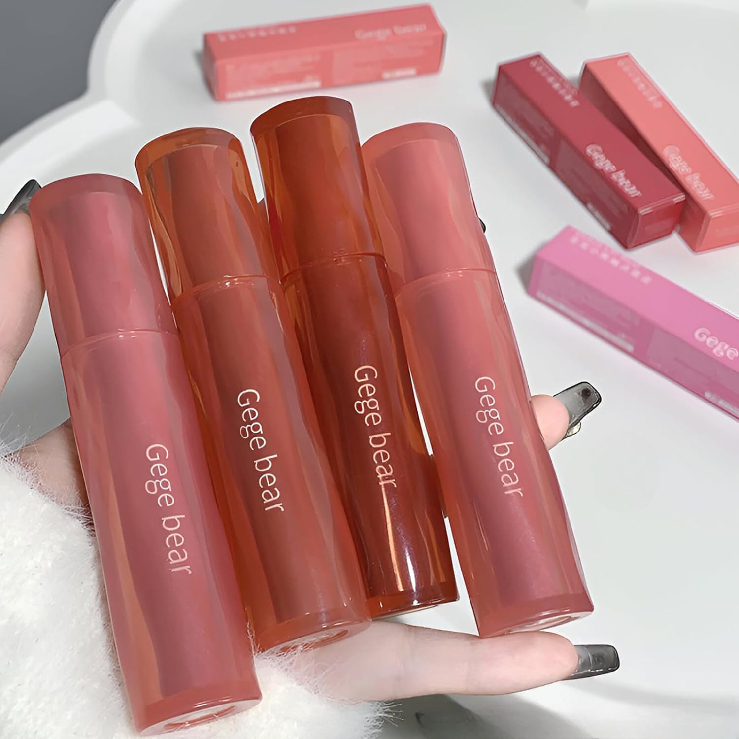Gege Bear Glazed Lip Mud | Moisturizing Lip Tint with Non Sticky Formula | Gorgeous Shades Nude Pink ,Peach Red Wine Brown Color | Waterproof Long Lasting Matte Lipstick | Glazed Finish Beauty Must-Have | Soft Velvet Comfort | Perfect for Women Teen Beauty Makeup Lovers (01#First Tea Powder, 3g)-image-40