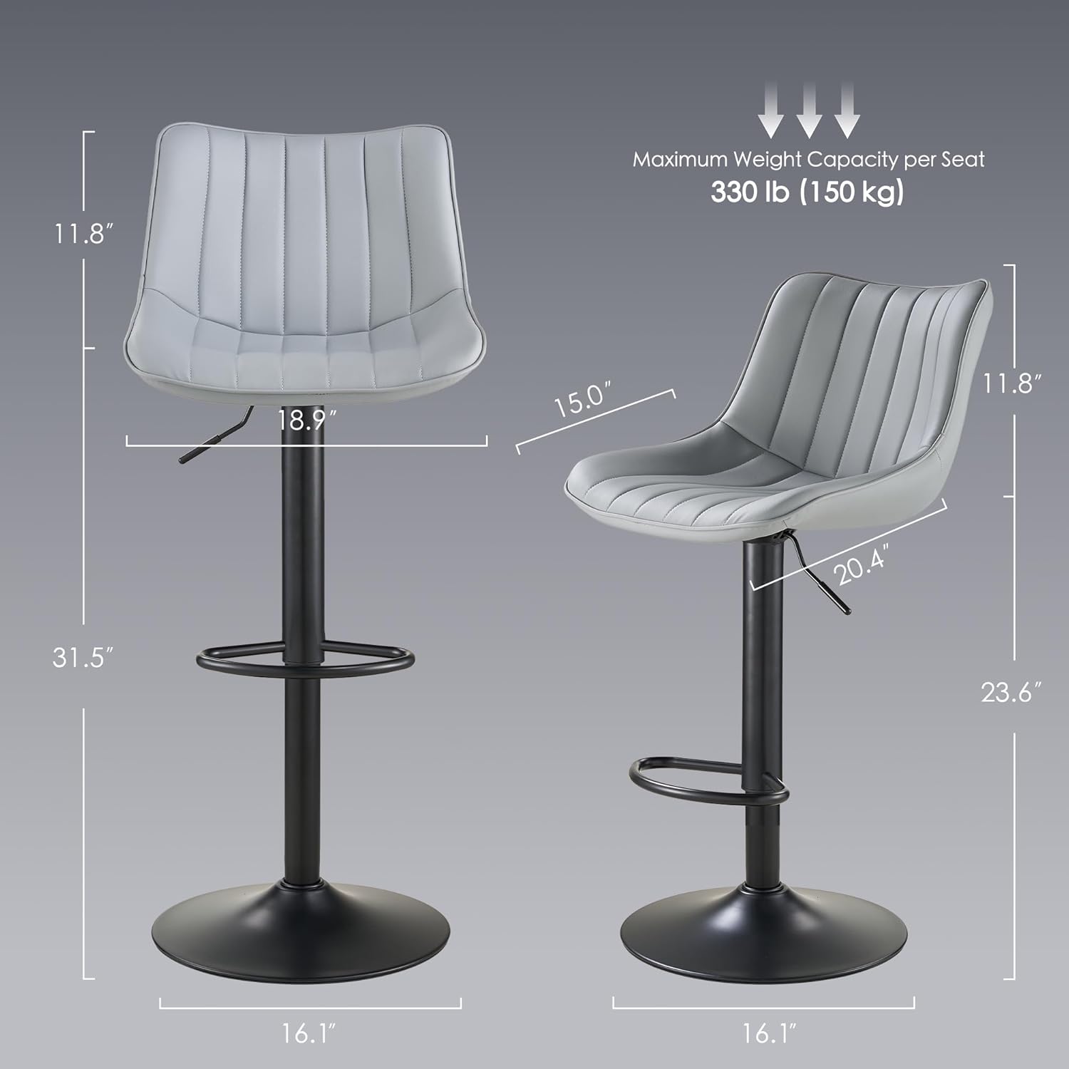 Bar Stools Set of 2, Swivel Counter Height Bar Stools, Adjustable PU Leather Bar Chairs with Back and Footrest, Modern Armless Counter Stools, Island Chairs for Bar Kitchen, Lightgrey